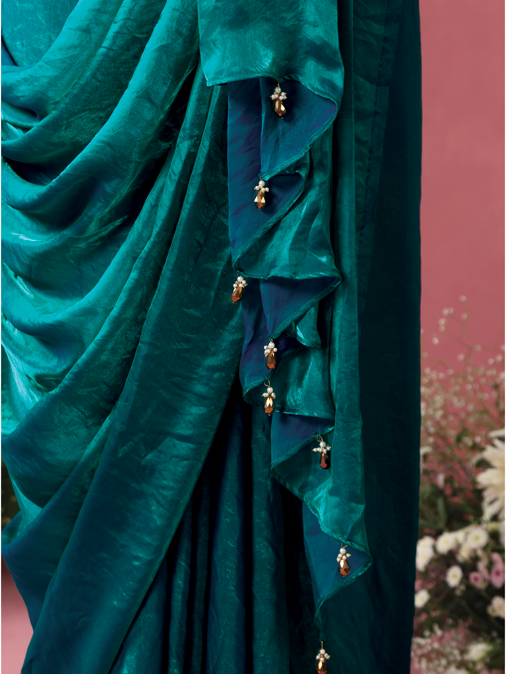 Blazing Blue Green Skirt Metallic Satin Skirt Saree with Pocket