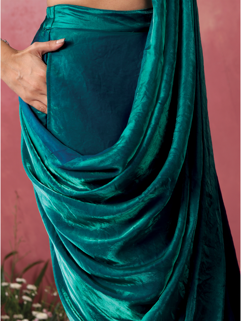 Blazing Blue Green Skirt Metallic Satin Skirt Saree with Pocket