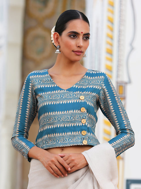 Blue & Yellow Angrakha Blouse