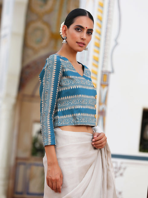 Blue & Yellow Angrakha Blouse