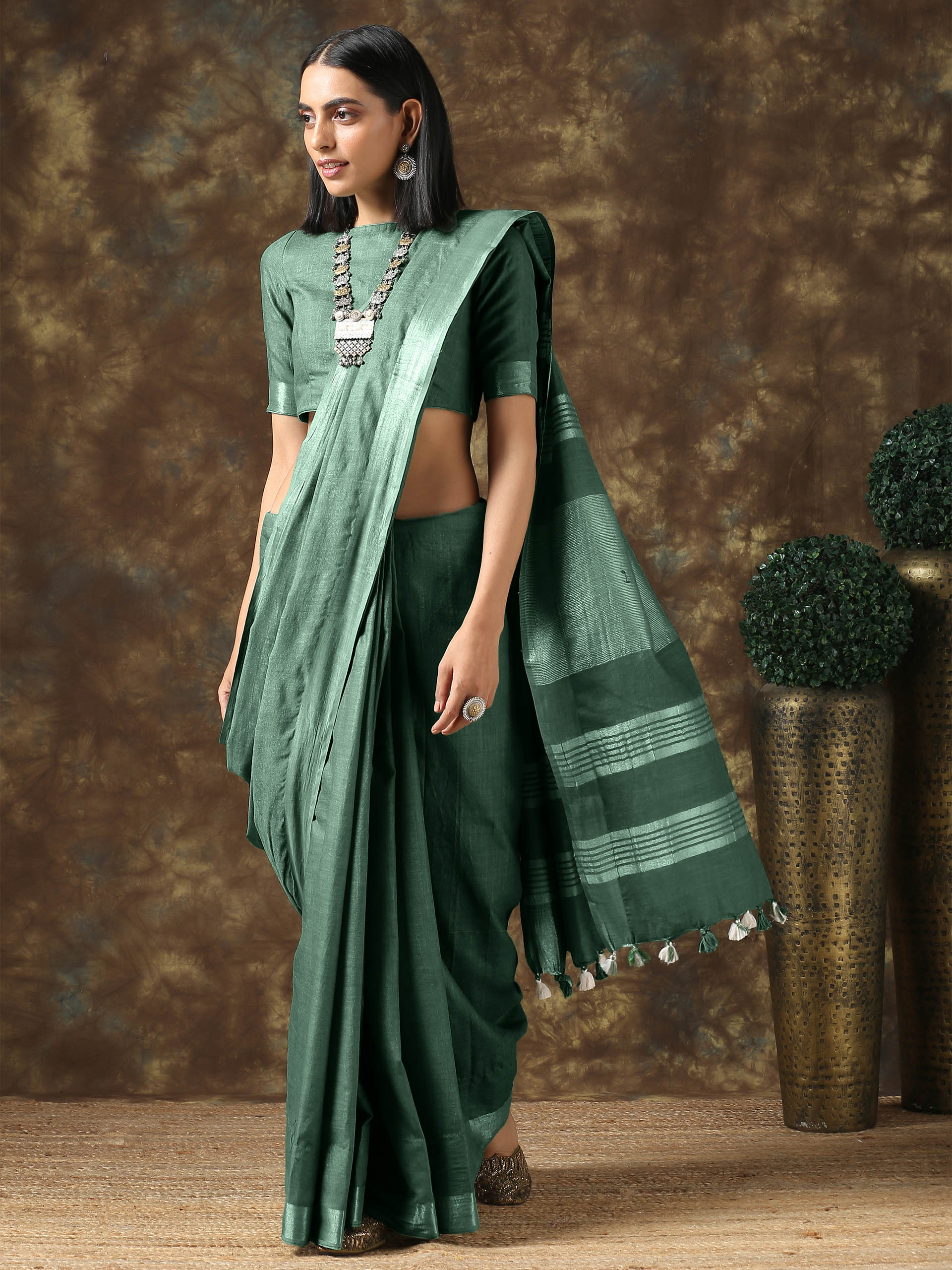 Opulent Olive Linen Blend Saree with Silver Border and Blouse