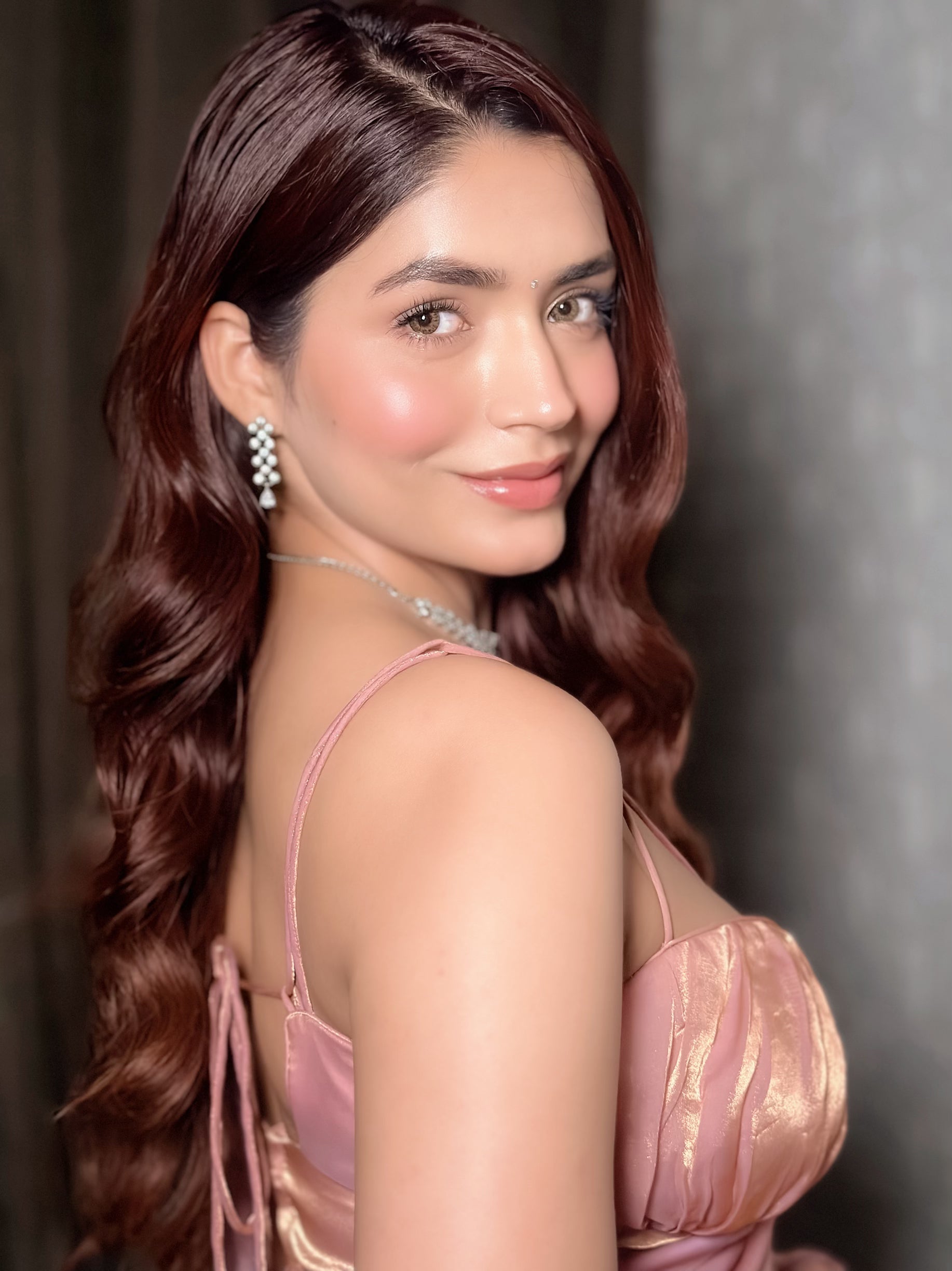 Pink Gold Metallic Satin Saree with Blouse Fabric