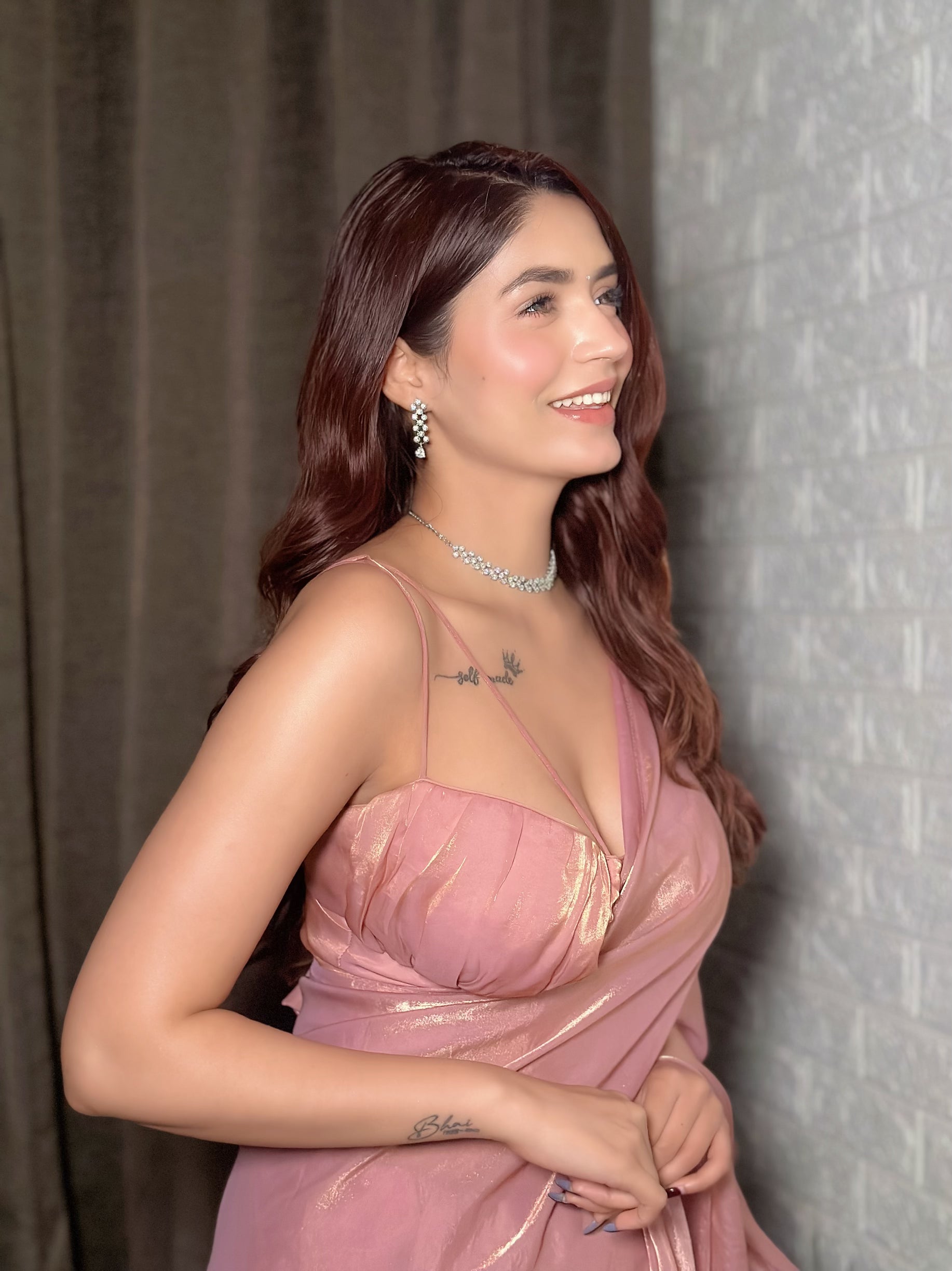 Pink Gold Metallic Satin Saree with Blouse Fabric