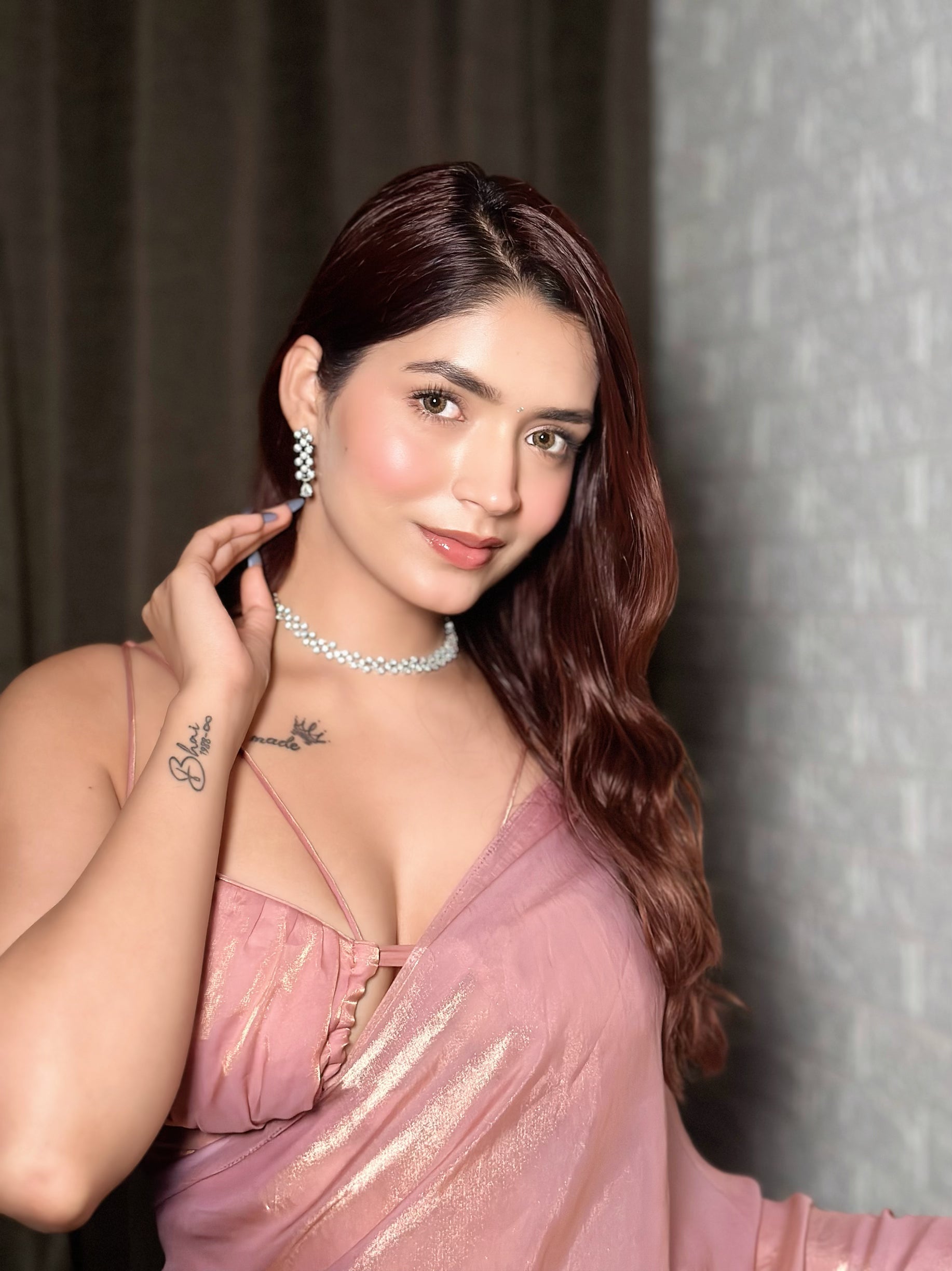 Pink Gold Metallic Satin Saree with Blouse Fabric