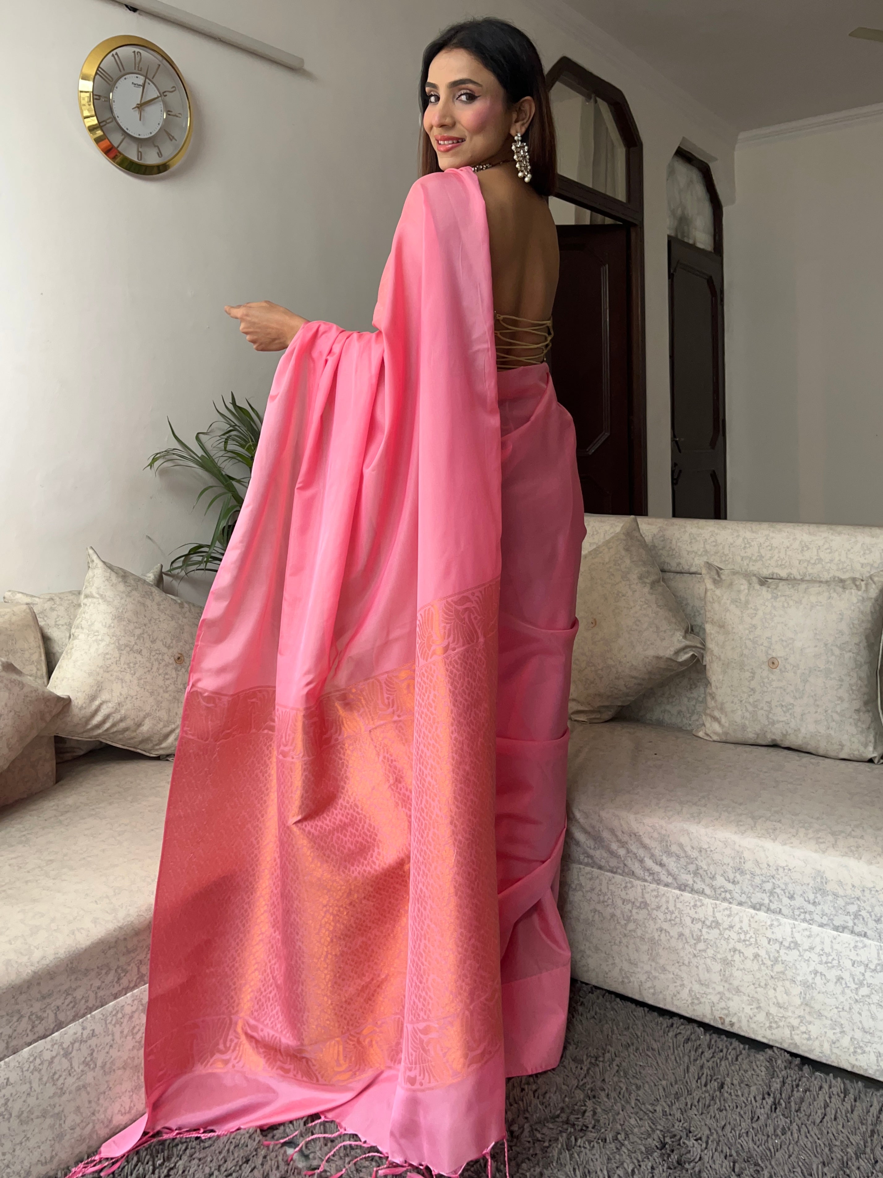 Pink Saree with Gold Woven Jacquard Pallu & Self Blouse Fabric