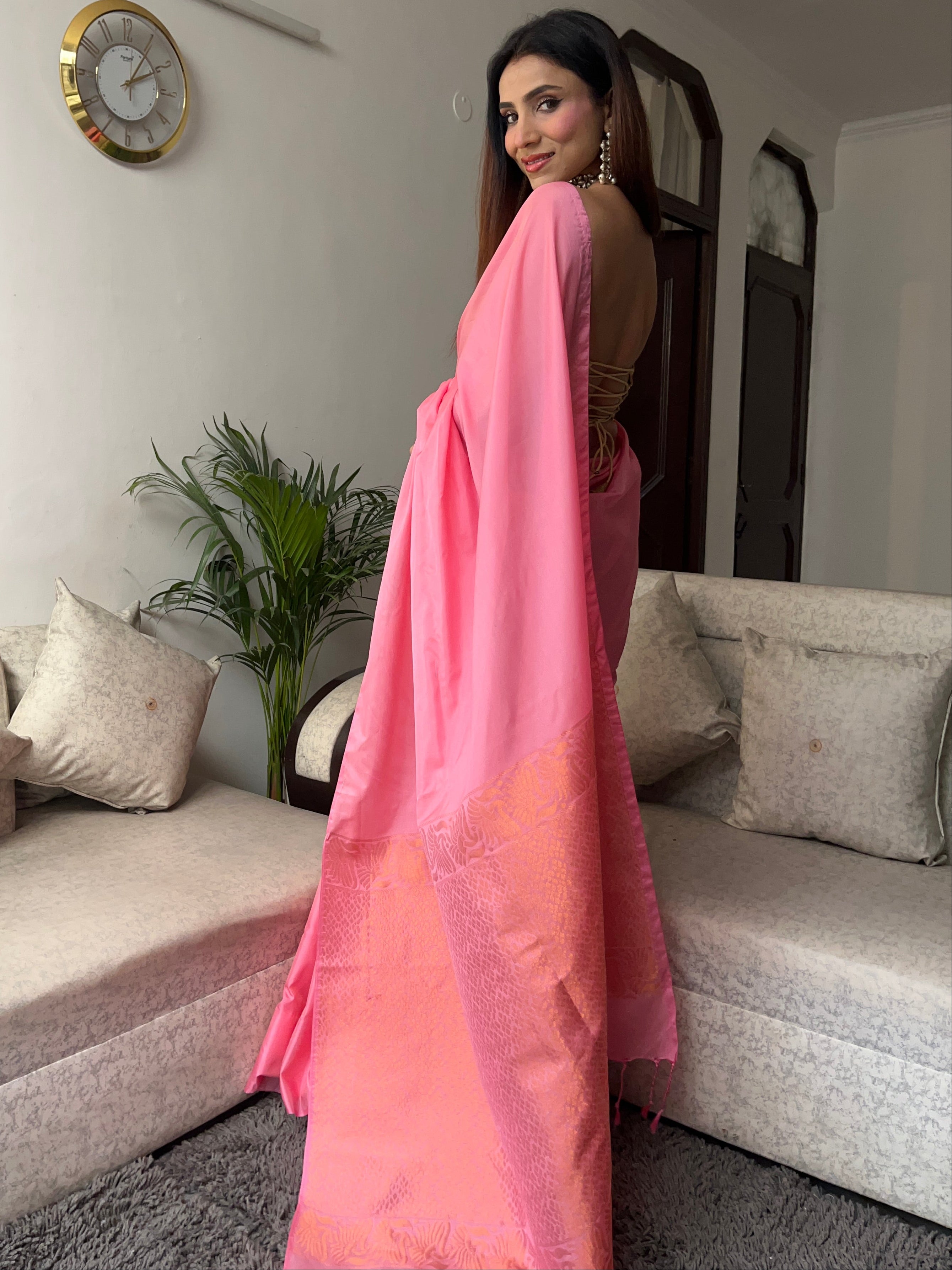 Pink Saree with Gold Woven Jacquard Pallu & Self Blouse Fabric