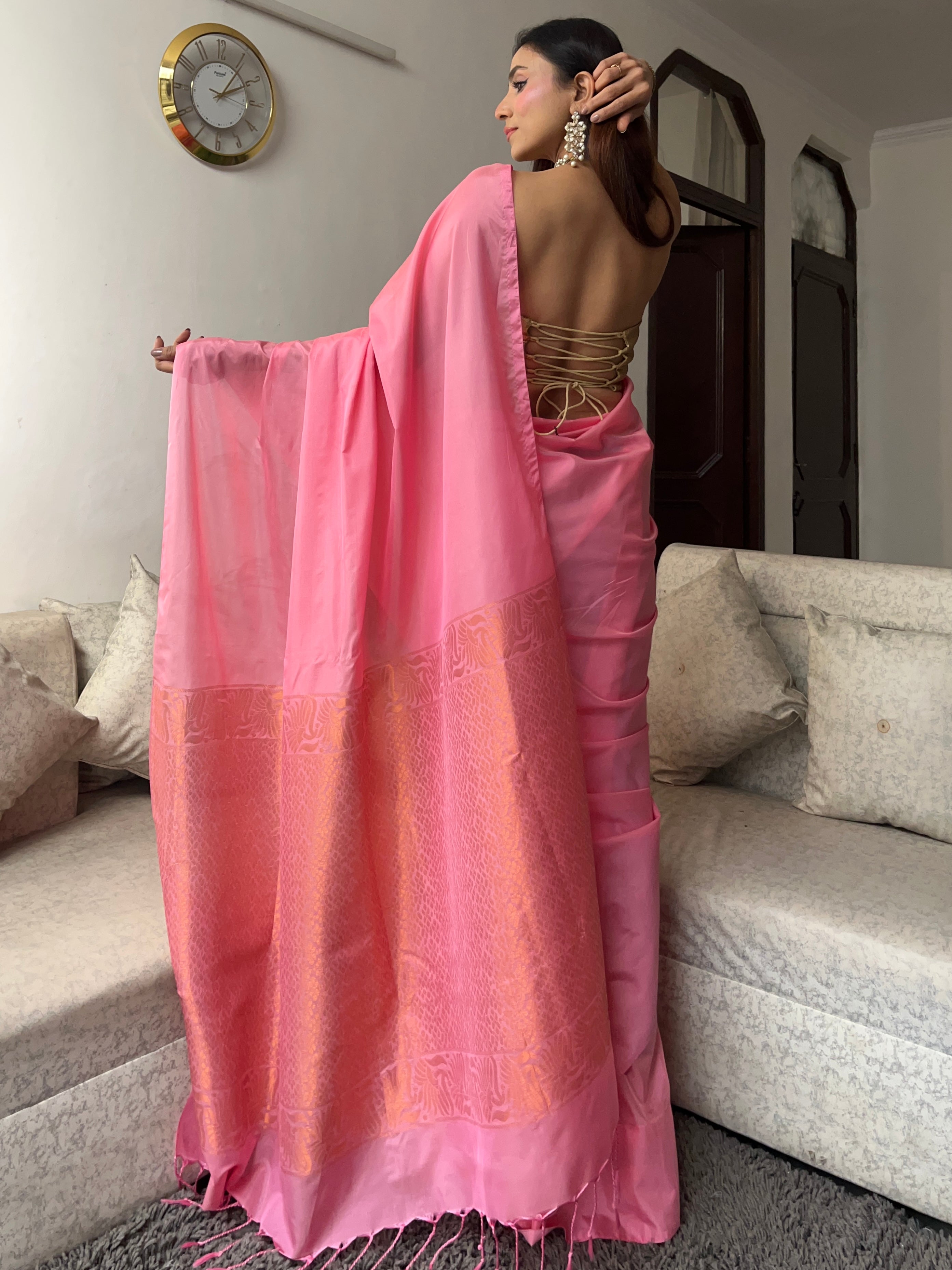 Pink Saree with Gold Woven Jacquard Pallu & Self Blouse Fabric