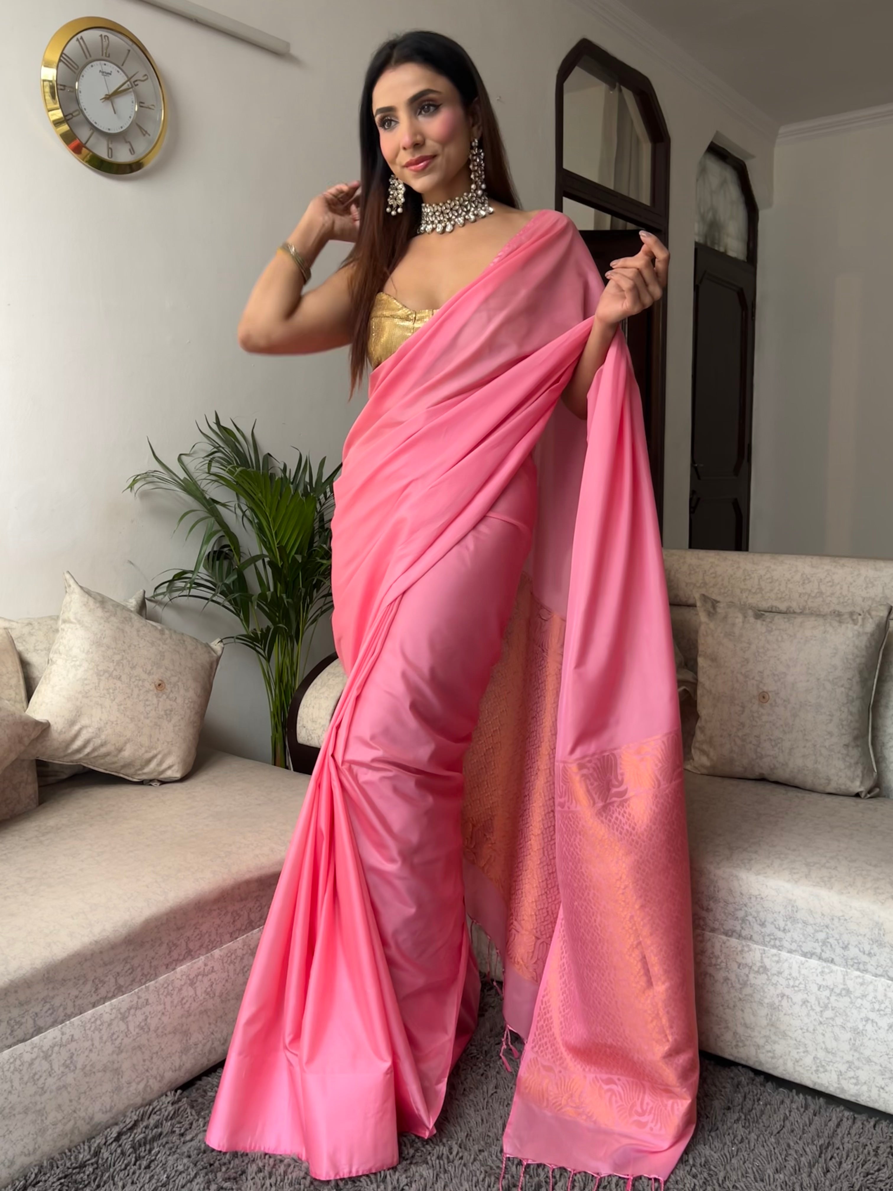 Pink Saree with Gold Woven Jacquard Pallu & Self Blouse Fabric