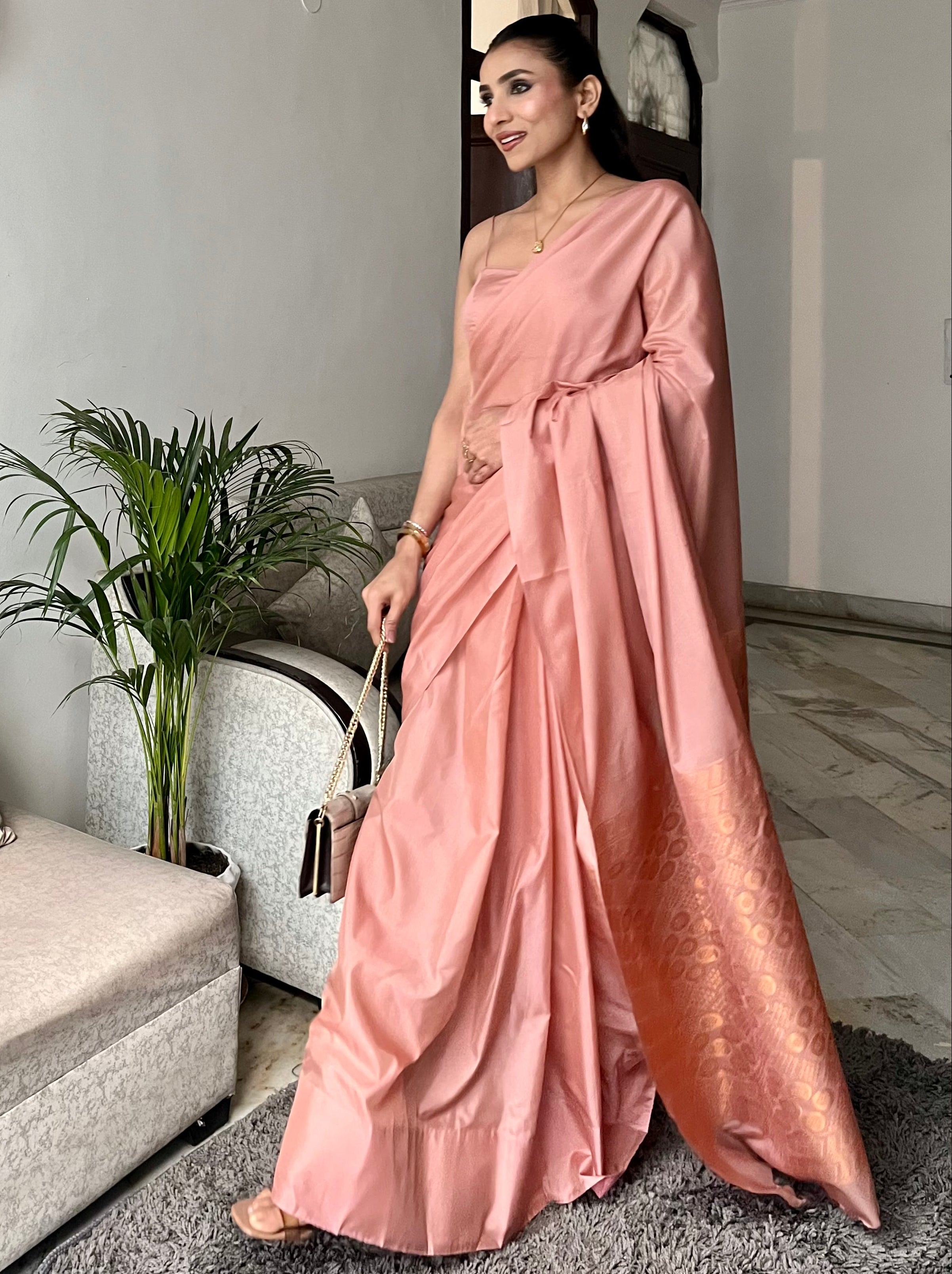 Biscuit Saree with Gold Woven Jacquard Pallu & Self Blouse Fabric