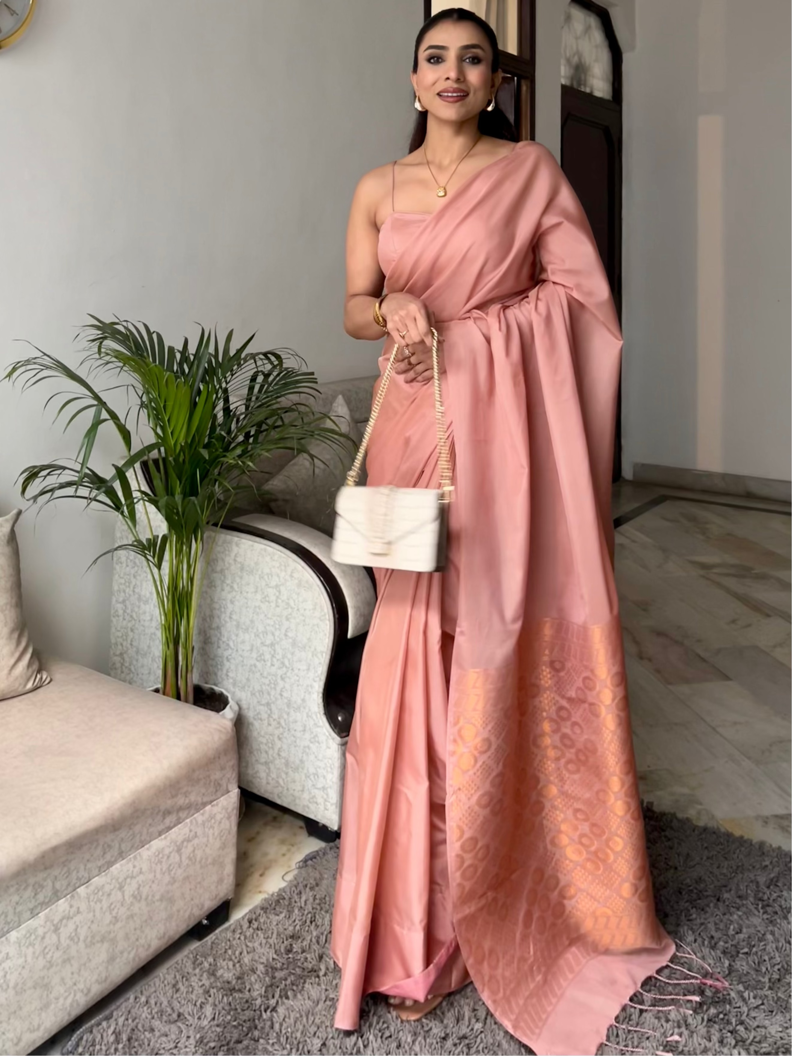 Biscuit Saree with Gold Woven Jacquard Pallu & Self Blouse Fabric