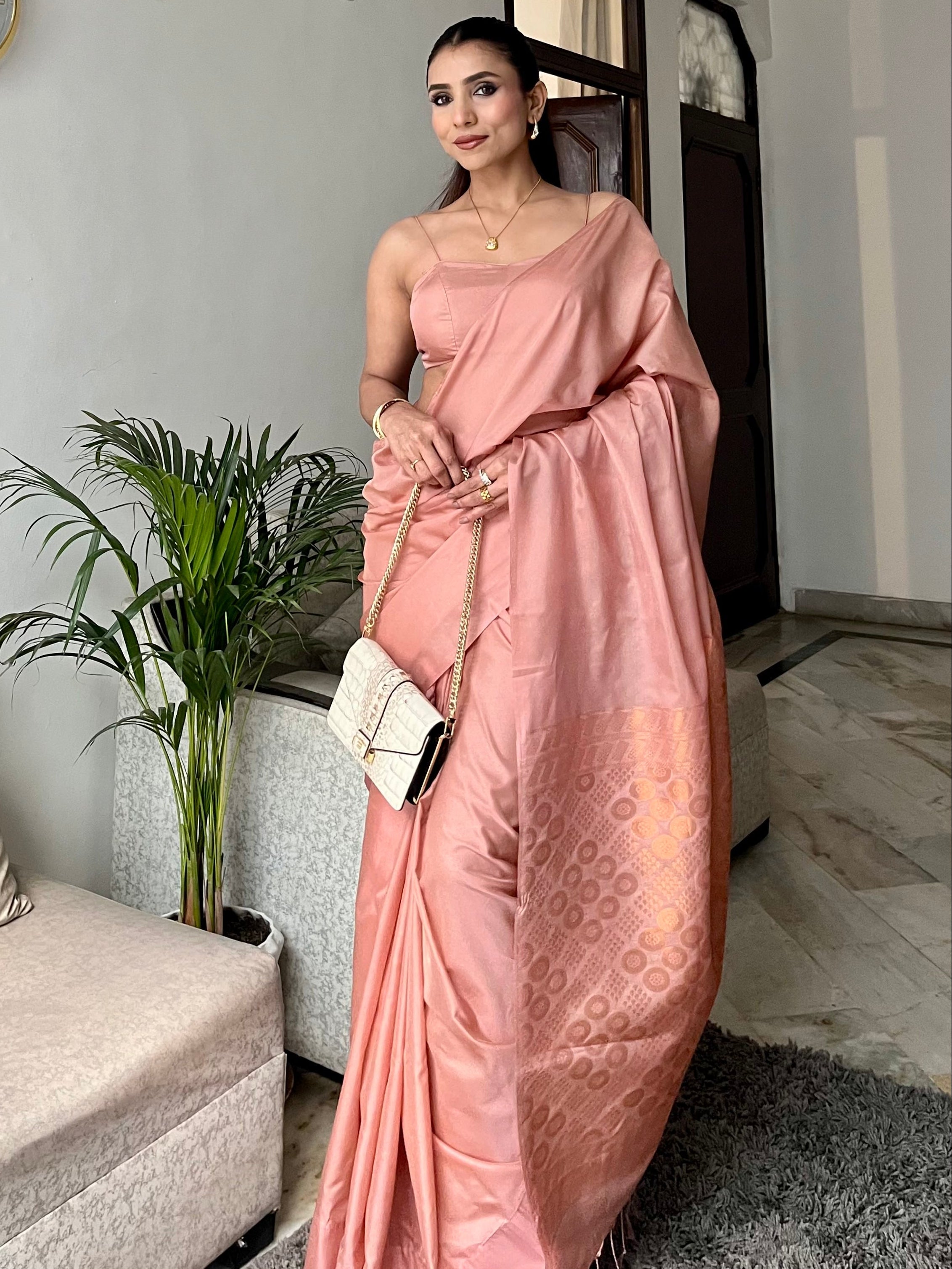 Biscuit Saree with Gold Woven Jacquard Pallu & Self Blouse Fabric