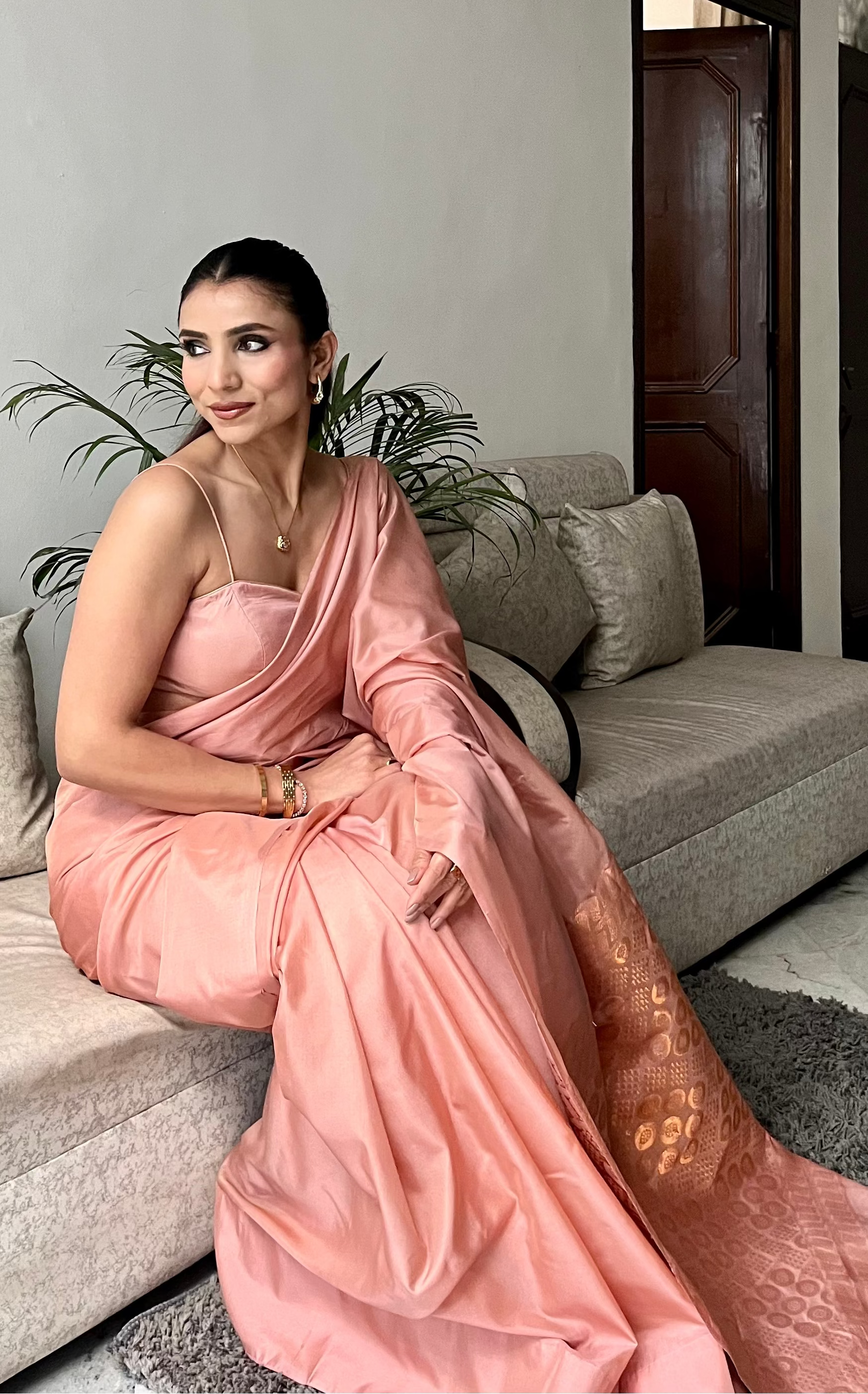 Biscuit Saree with Gold Woven Jacquard Pallu & Self Blouse Fabric