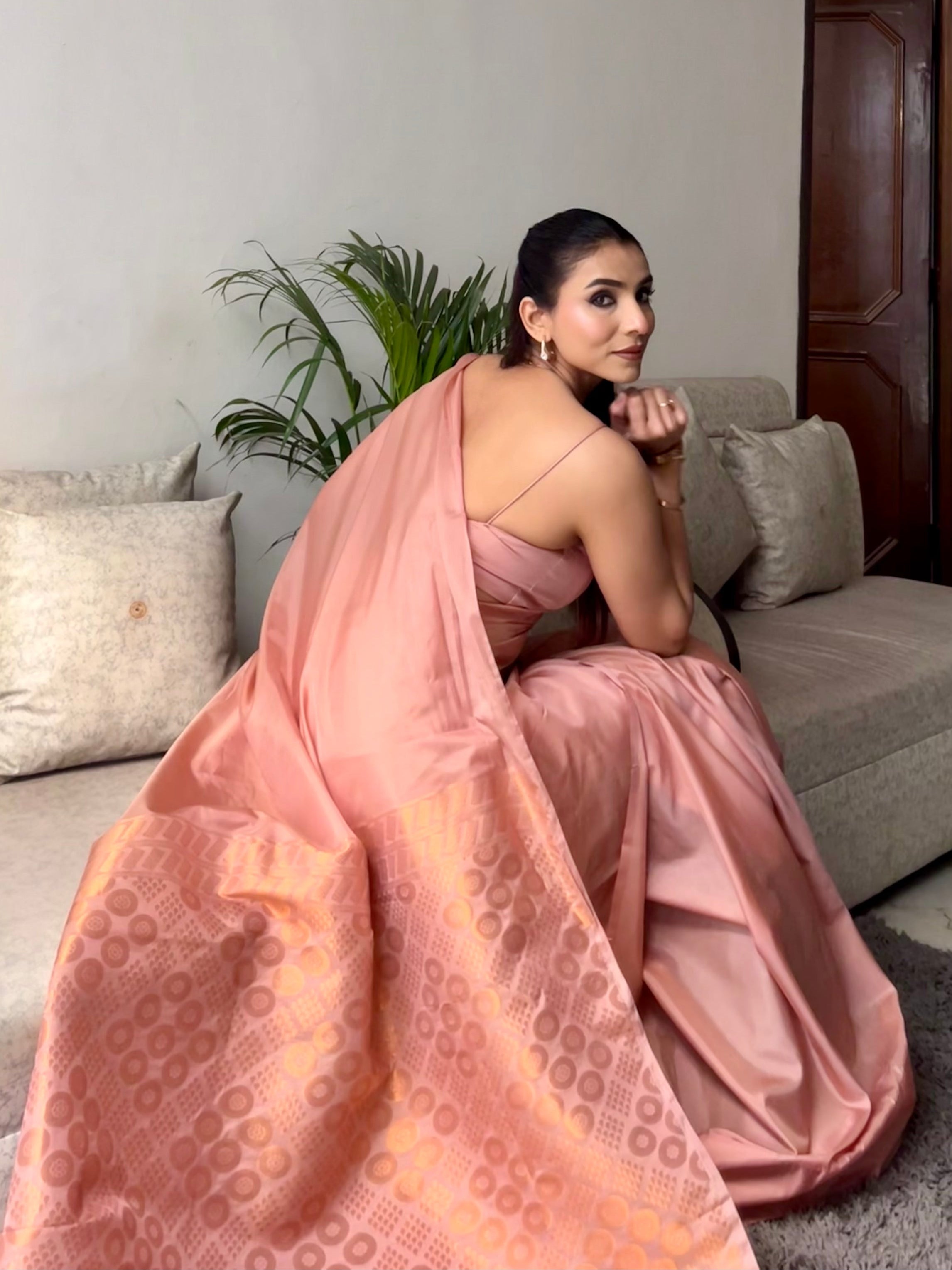 Biscuit Saree with Gold Woven Jacquard Pallu & Self Blouse Fabric