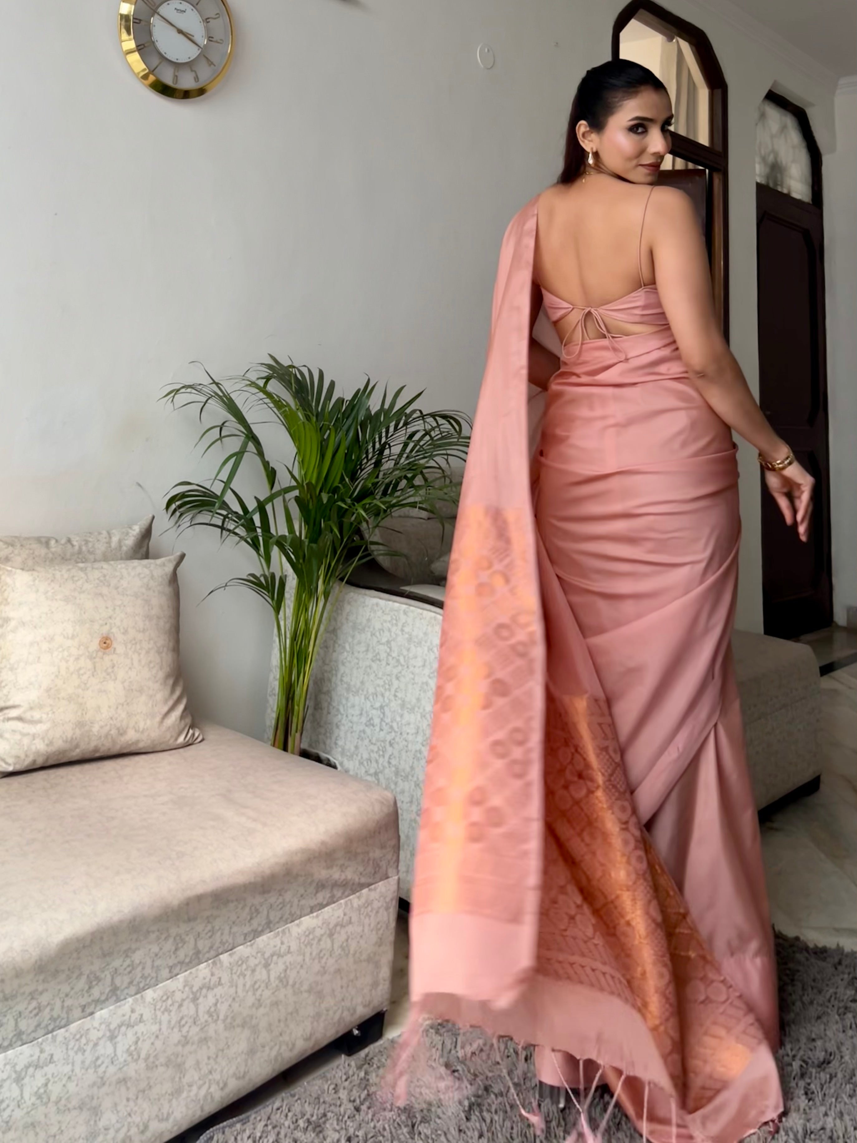 Biscuit Saree with Gold Woven Jacquard Pallu & Self Blouse Fabric