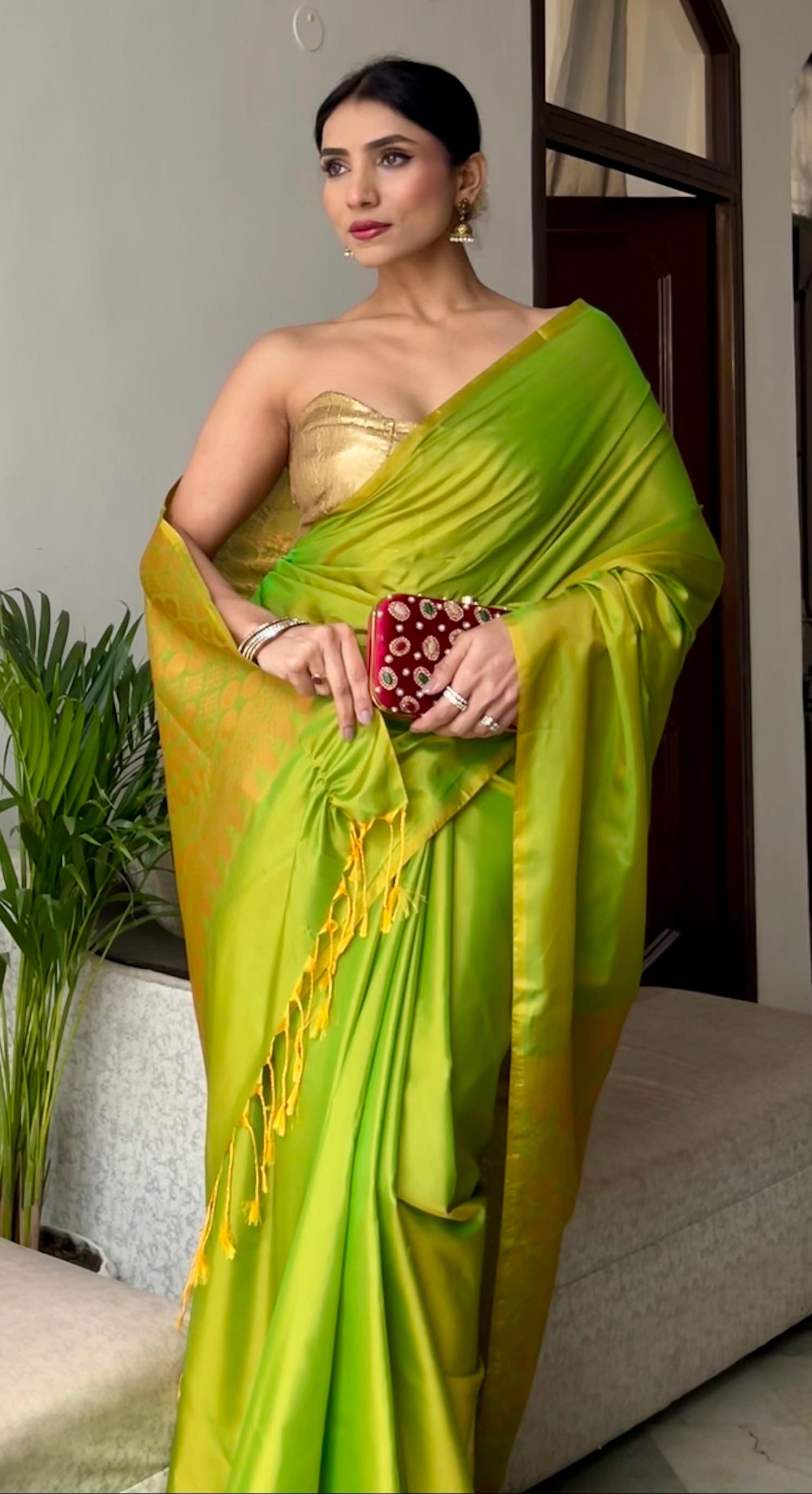 Lime Saree with Gold Woven Jacquard Pallu & Self Blouse Fabric