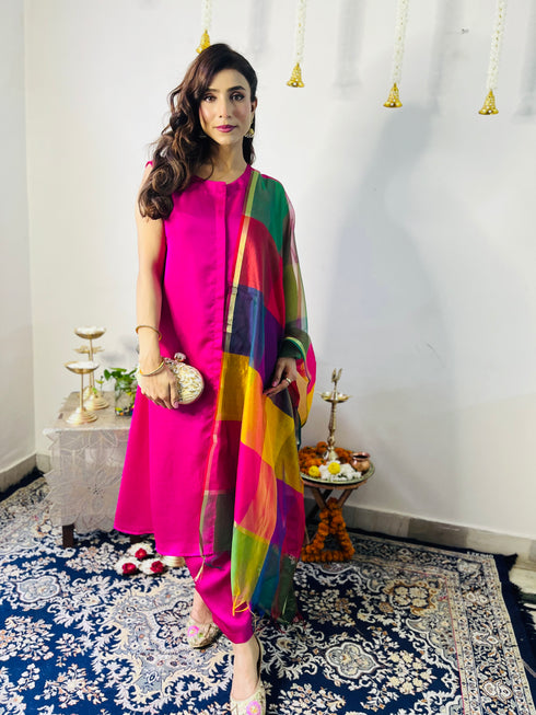 3 Pc Suit Set - Fuschia Lux Sleeveless Suit with Multicolor Dupatta