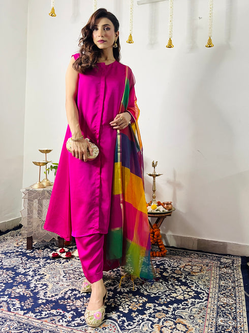 3 Pc Suit Set - Fuschia Lux Sleeveless Suit with Multicolor Dupatta