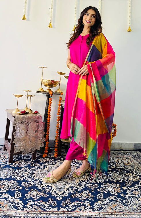 3 Pc Suit Set - Fuschia Lux Sleeveless Suit with Multicolor Dupatta