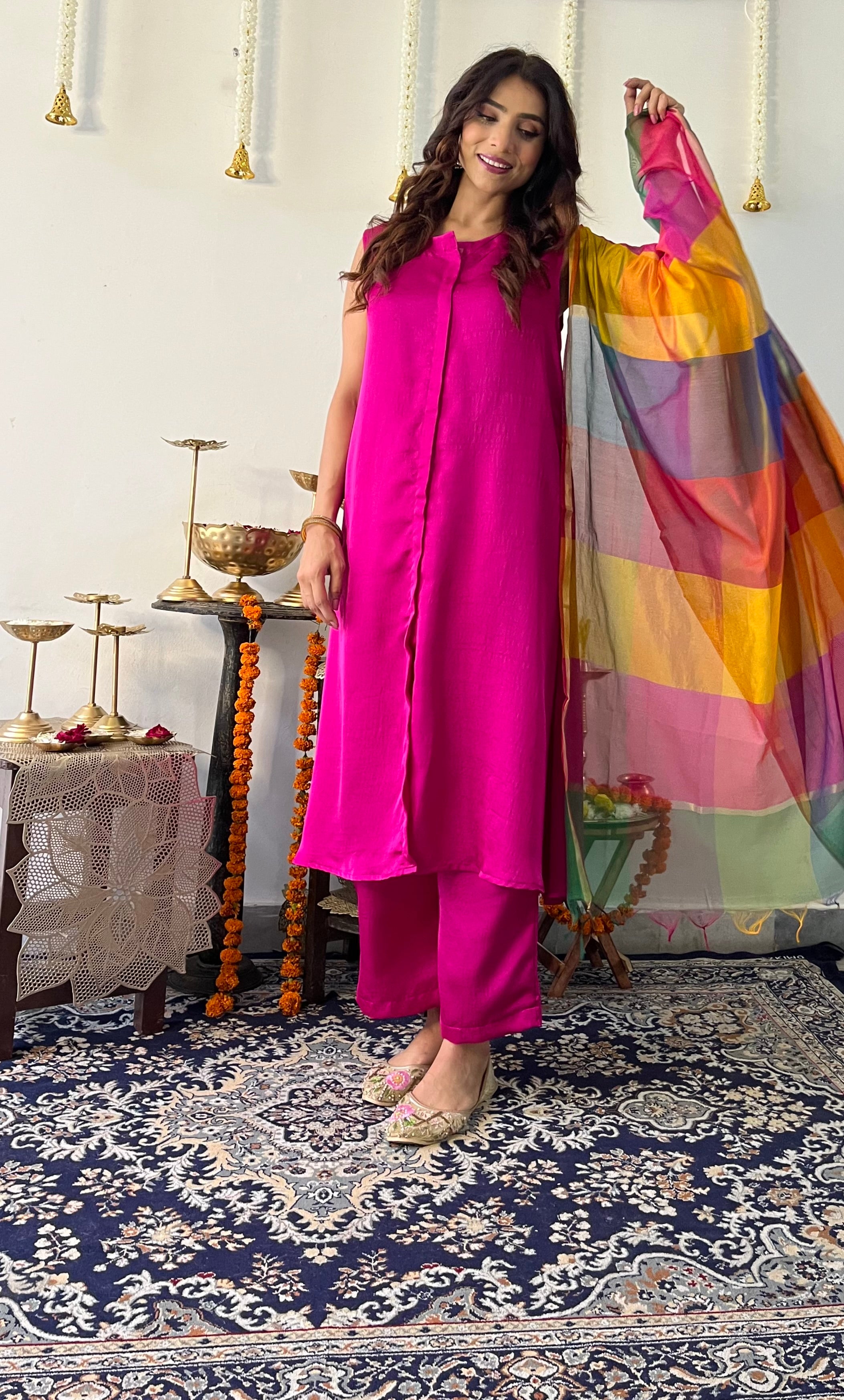 3 Pc Suit Set - Fuschia Lux Sleeveless Suit with Multicolor Dupatta