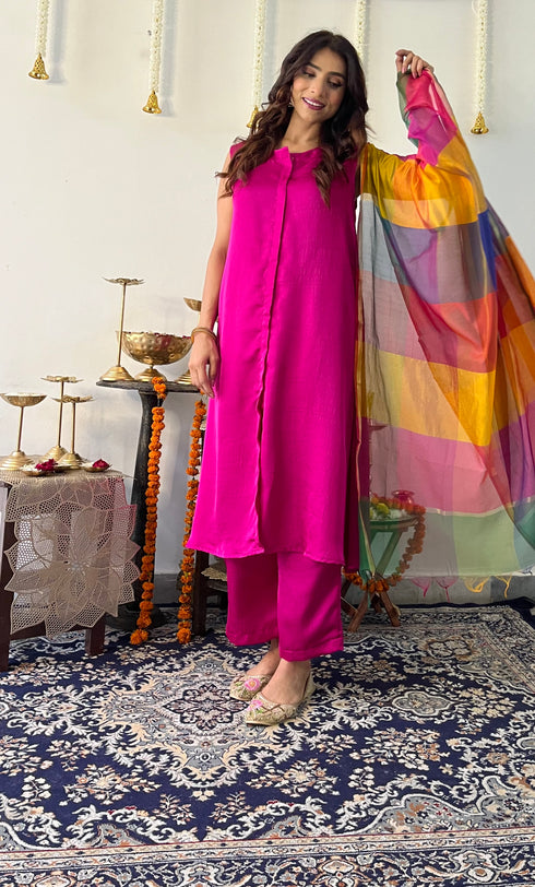 3 Pc Suit Set - Fuschia Lux Sleeveless Suit with Multicolor Dupatta