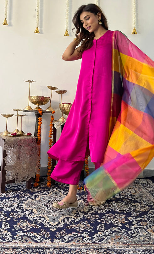 3 Pc Suit Set - Fuschia Lux Sleeveless Suit with Multicolor Dupatta