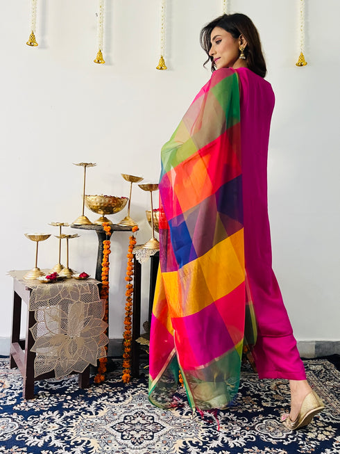 3 Pc Suit Set - Fuschia Lux Sleeveless Suit with Multicolor Dupatta