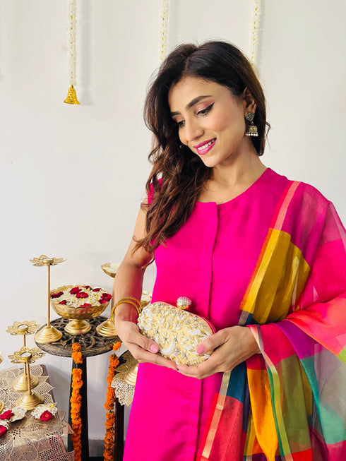 3 Pc Suit Set - Fuschia Lux Sleeveless Suit with Multicolor Dupatta