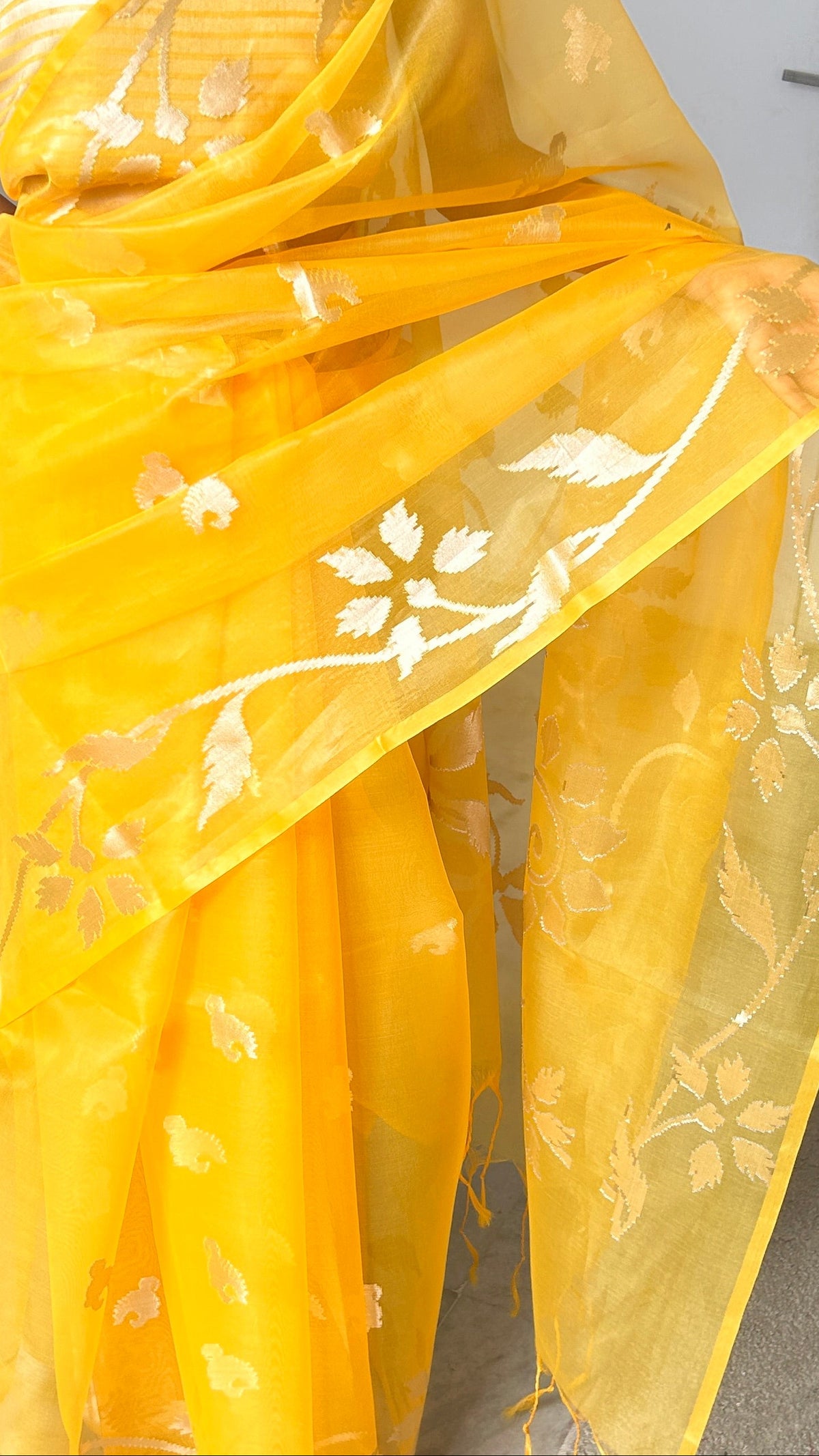 Yellow Organza Saree with Zari Buti and Matching Stripe Blouse Fabric