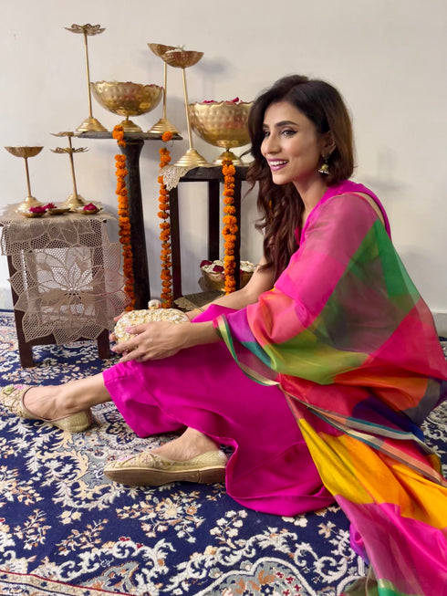 3 Pc Suit Set - Fuschia Lux Sleeveless Suit with Multicolor Dupatta
