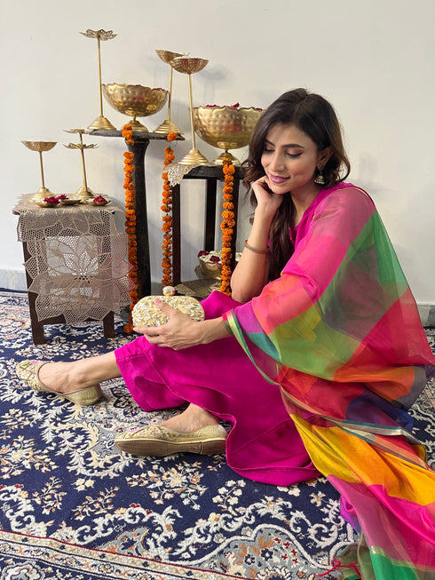3 Pc Suit Set - Fuschia Lux Sleeveless Suit with Multicolor Dupatta