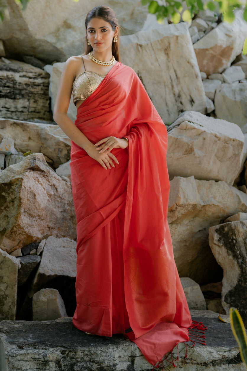 Solid Red Saree with Woven Jacquard Pallu in Gold & Self Blouse Fabric