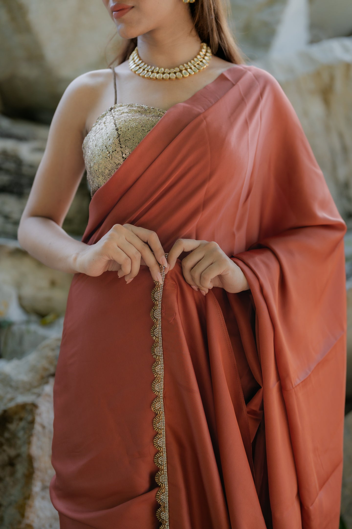 Satin Terracotta Saree with Swarovski-Style Lace & Self Blouse Fabric