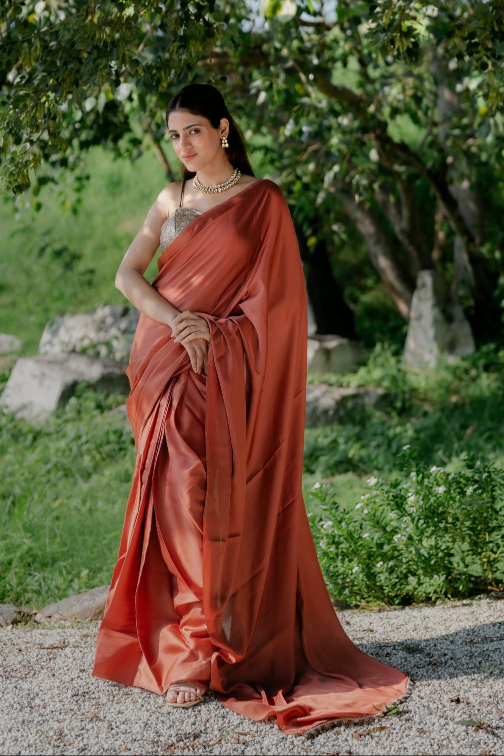 Satin Terracotta Saree with Swarovski-Style Lace & Self Blouse Fabric
