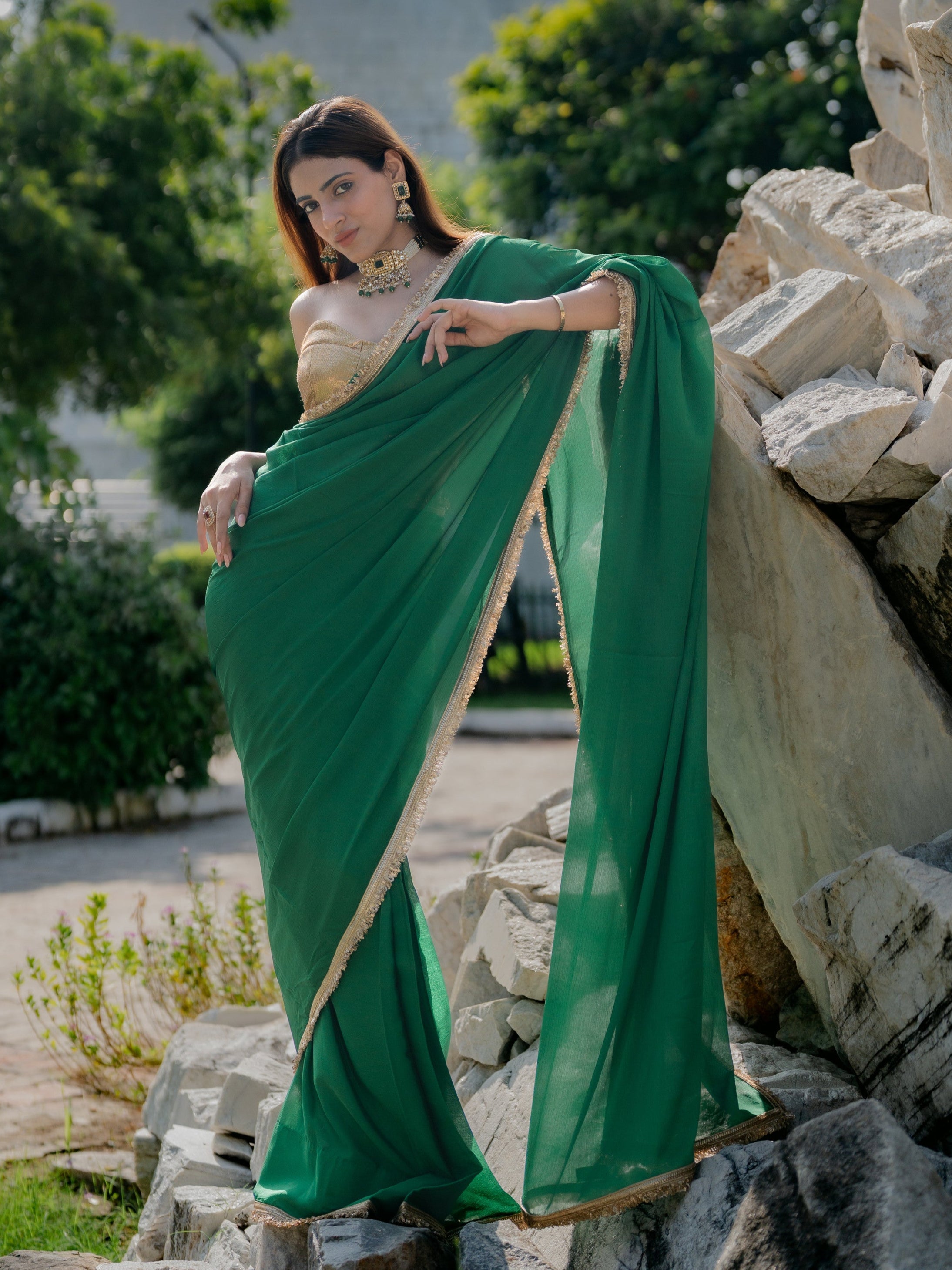 Crepe Green Saree with Sequin Laces and Self Blouse Fabric