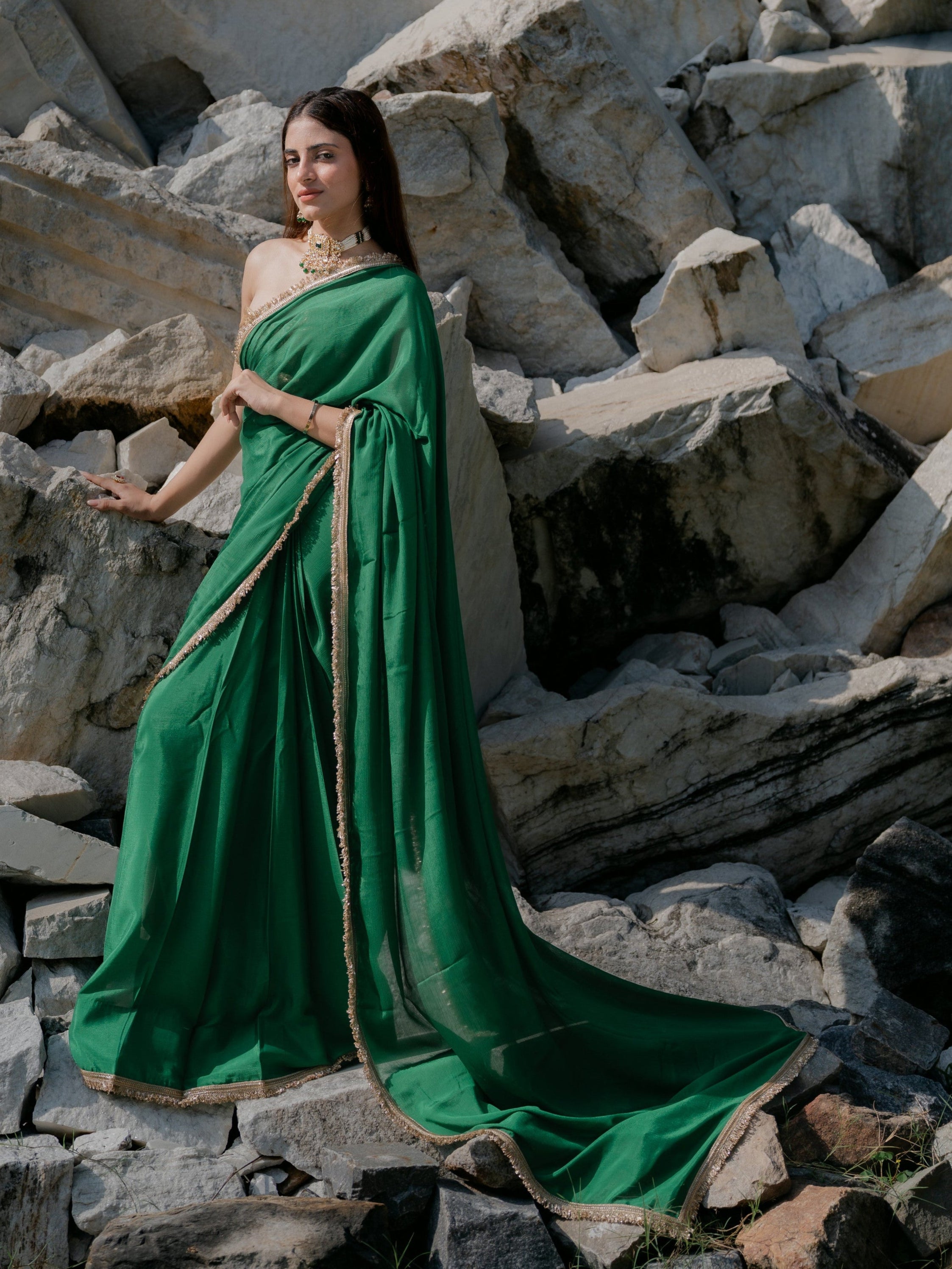Crepe Green Saree with Sequin Laces and Self Blouse Fabric