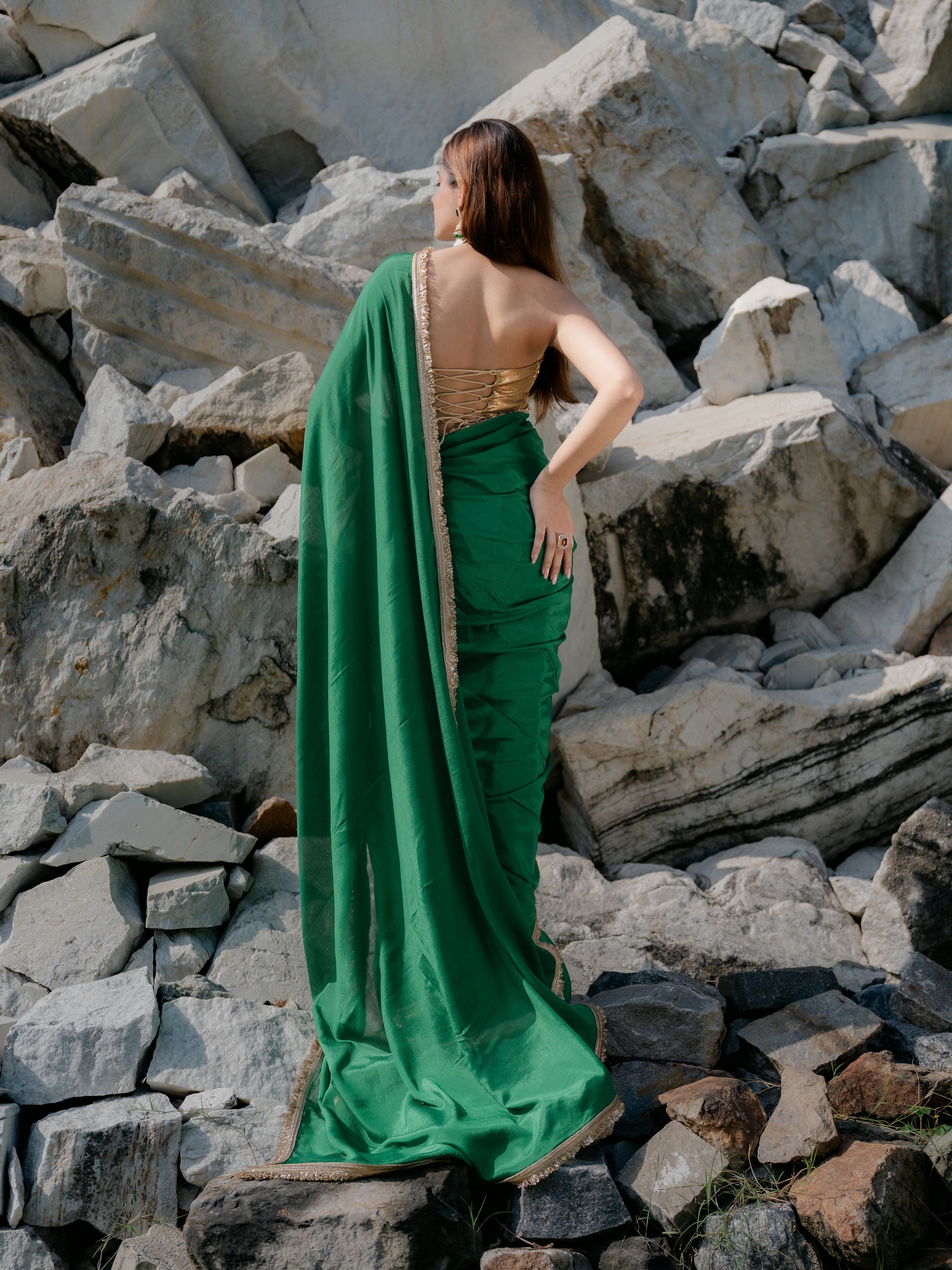 Crepe Green Saree with Sequin Laces and Self Blouse Fabric