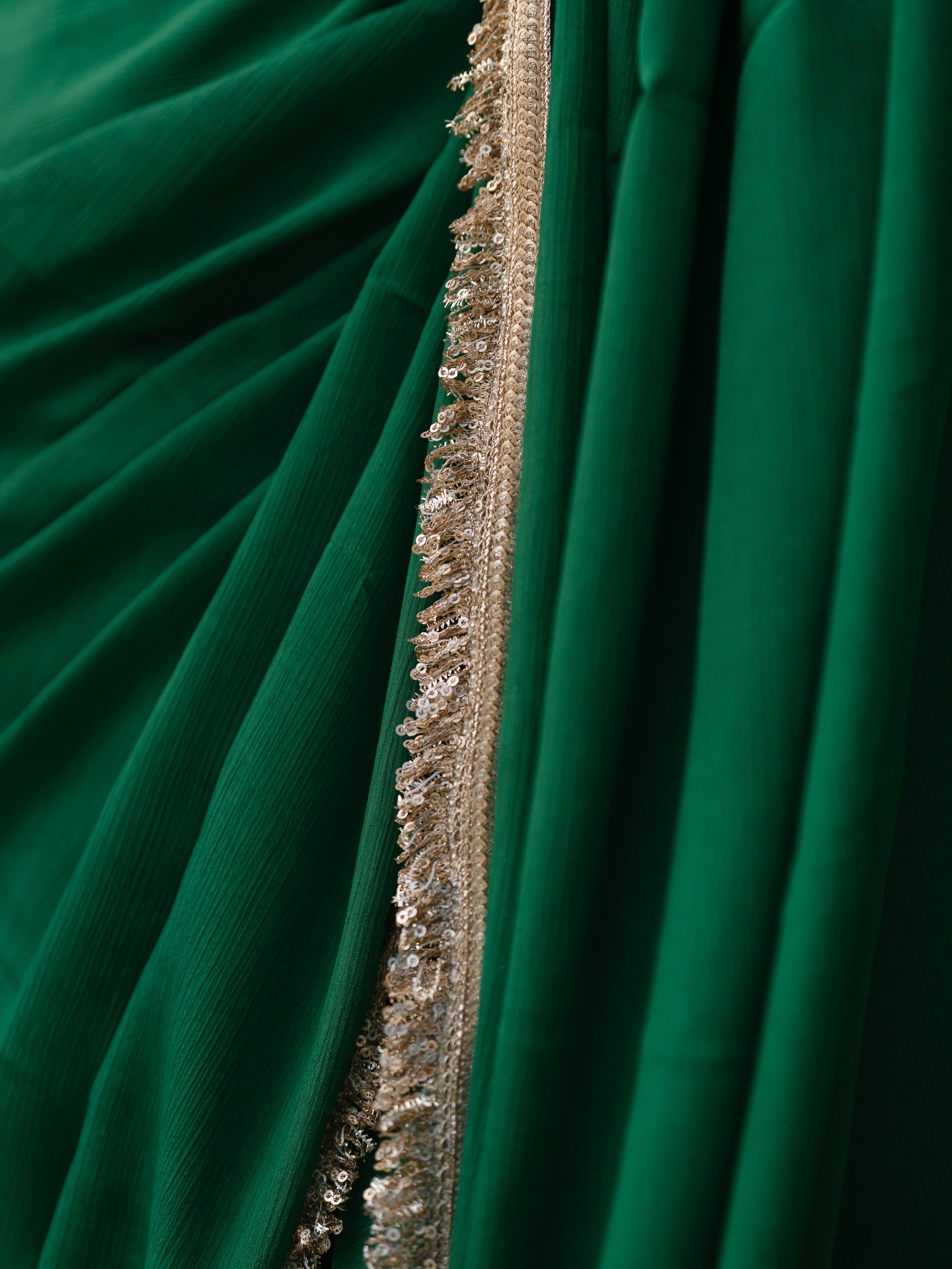 Crepe Green Saree with Sequin Laces and Self Blouse Fabric