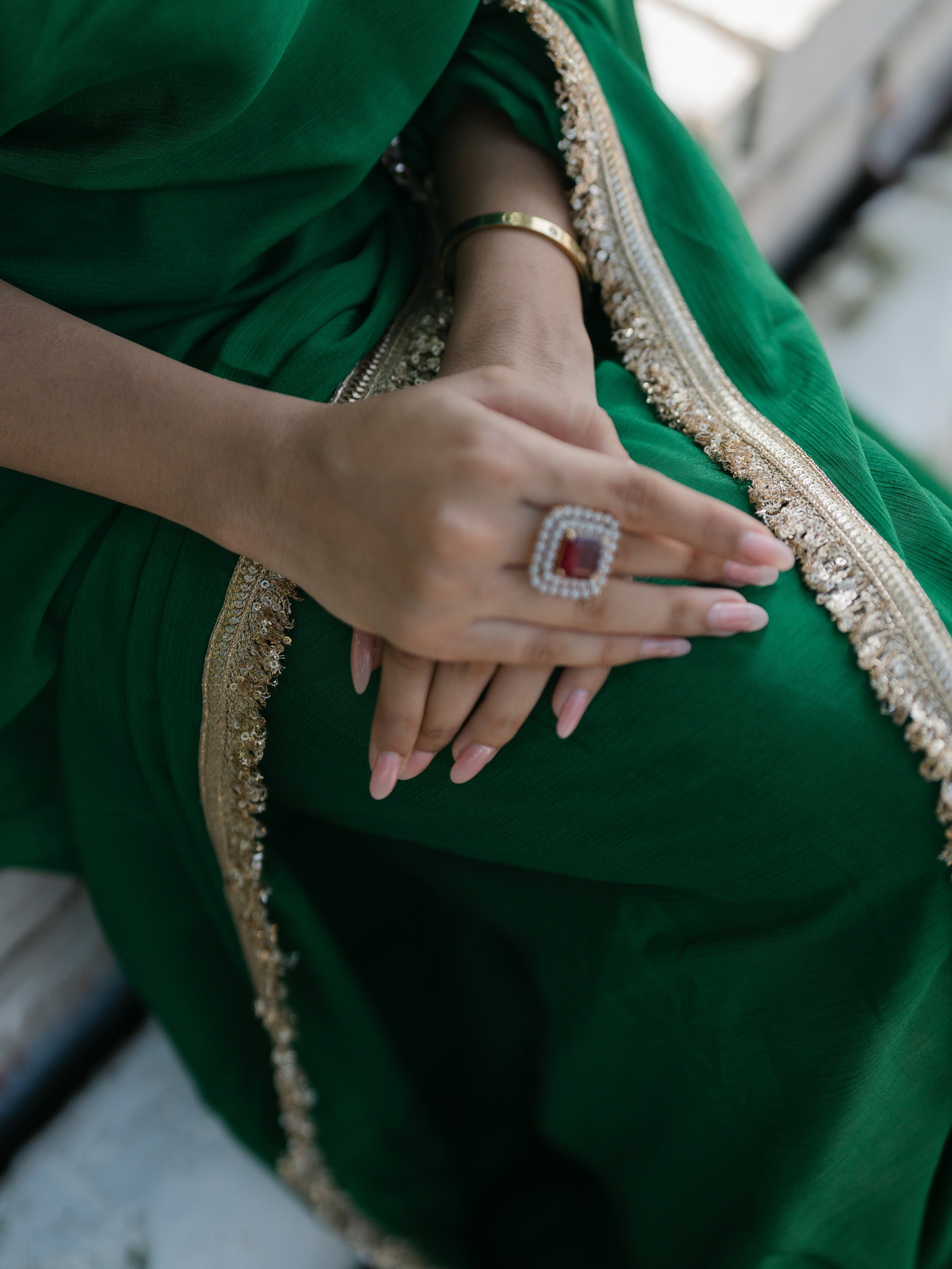 Crepe Green Saree with Sequin Laces and Self Blouse Fabric