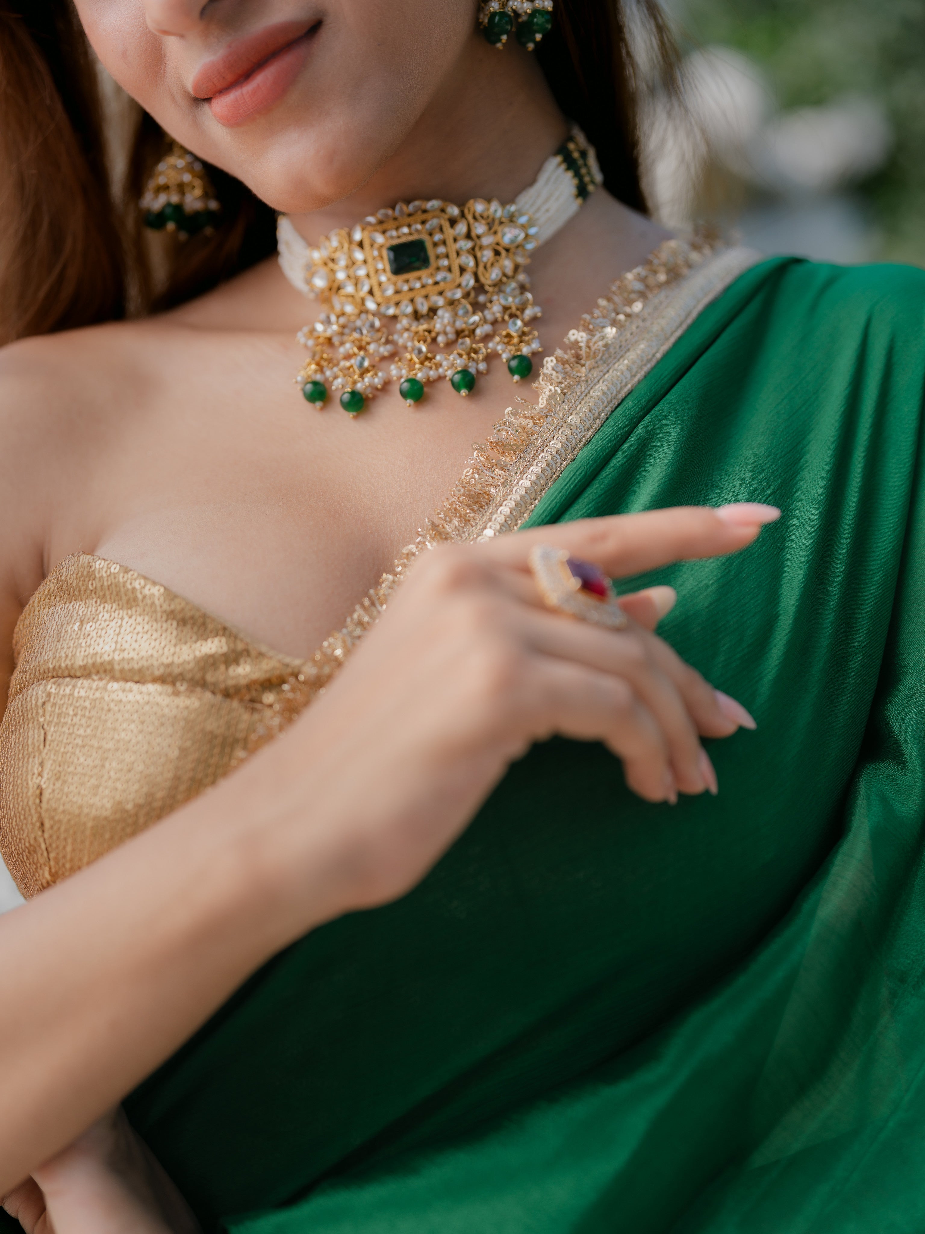 Crepe Green Saree with Sequin Laces and Self Blouse Fabric