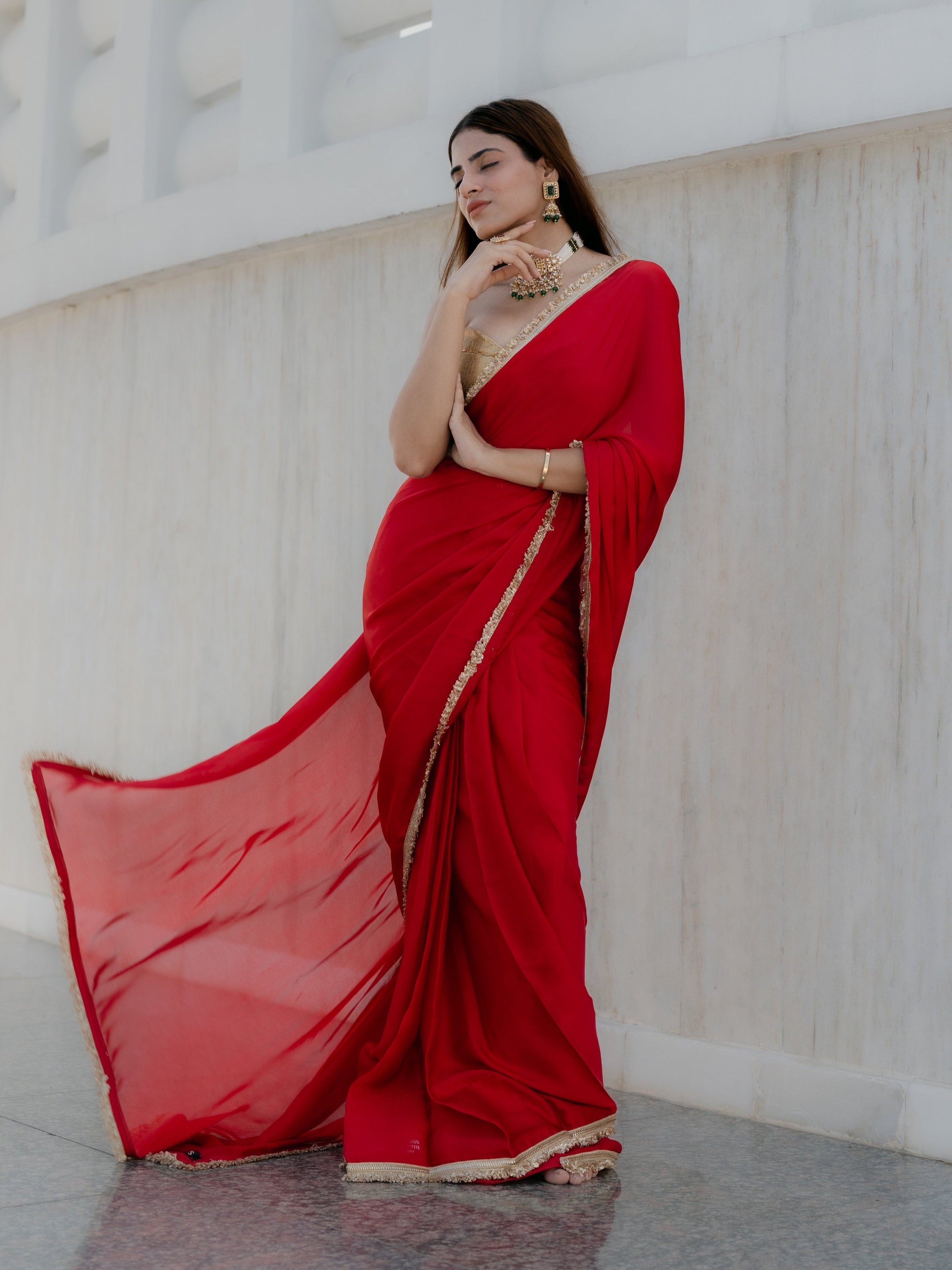 Satin Red Saree with Sequin Laces & Self Blouse Fabric