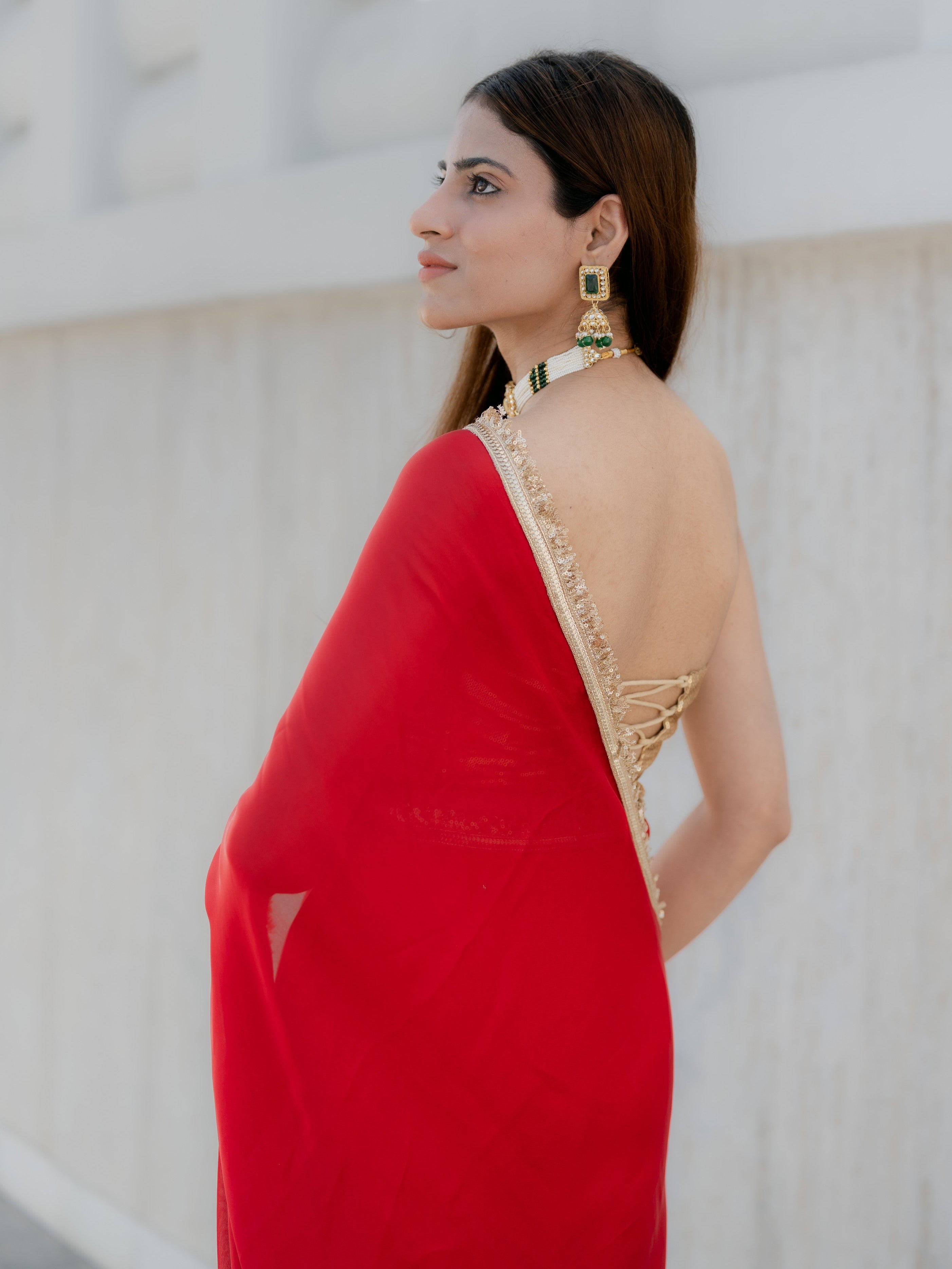 Satin Red Saree with Sequin Laces & Self Blouse Fabric