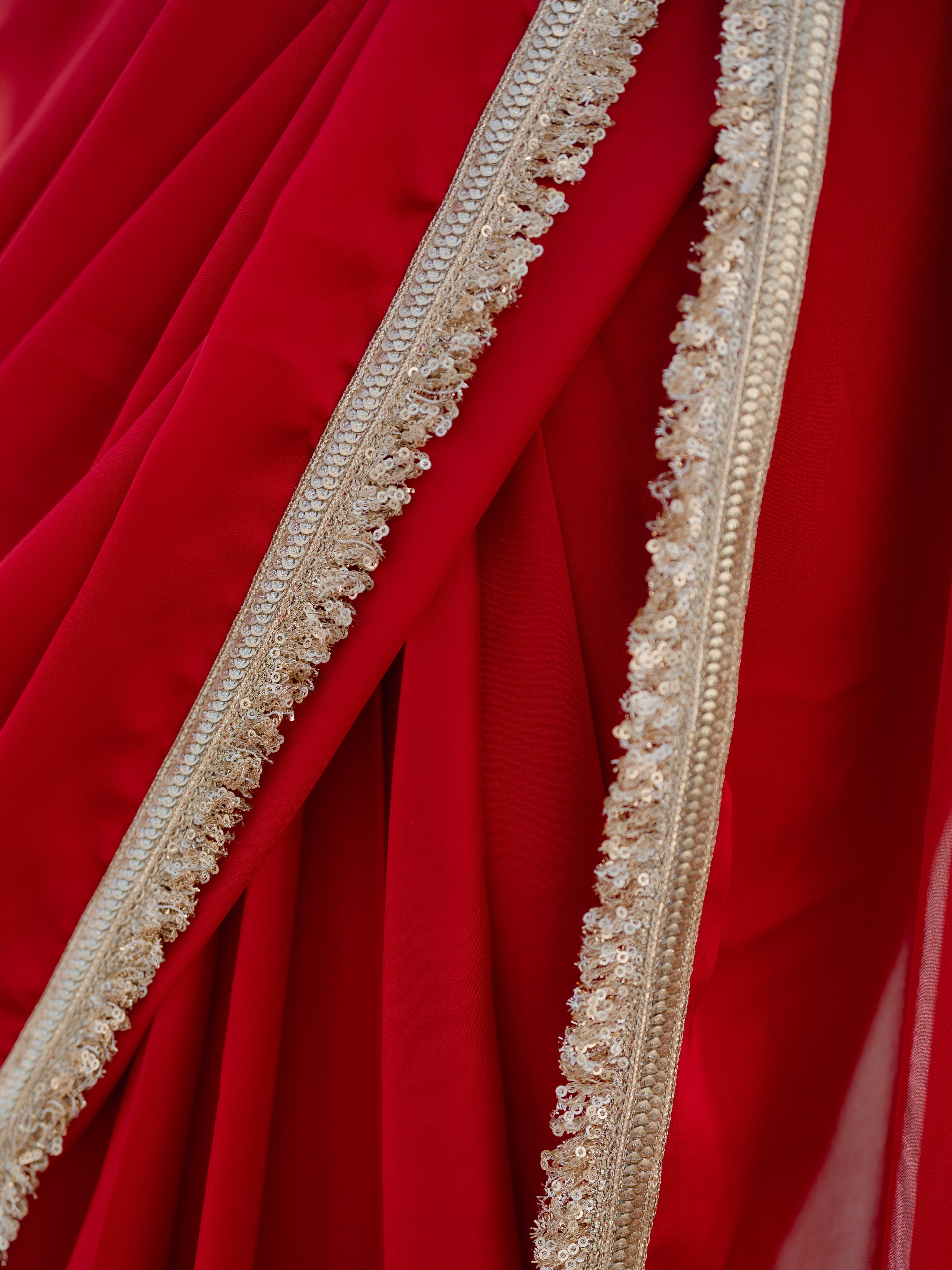 Satin Red Saree with Sequin Laces & Self Blouse Fabric