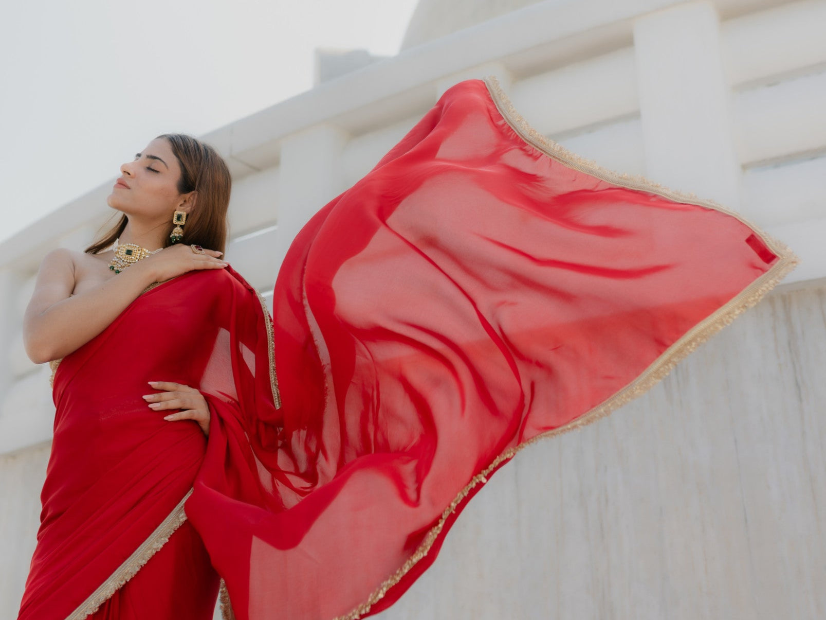 Satin Red Saree with Sequin Laces & Self Blouse Fabric