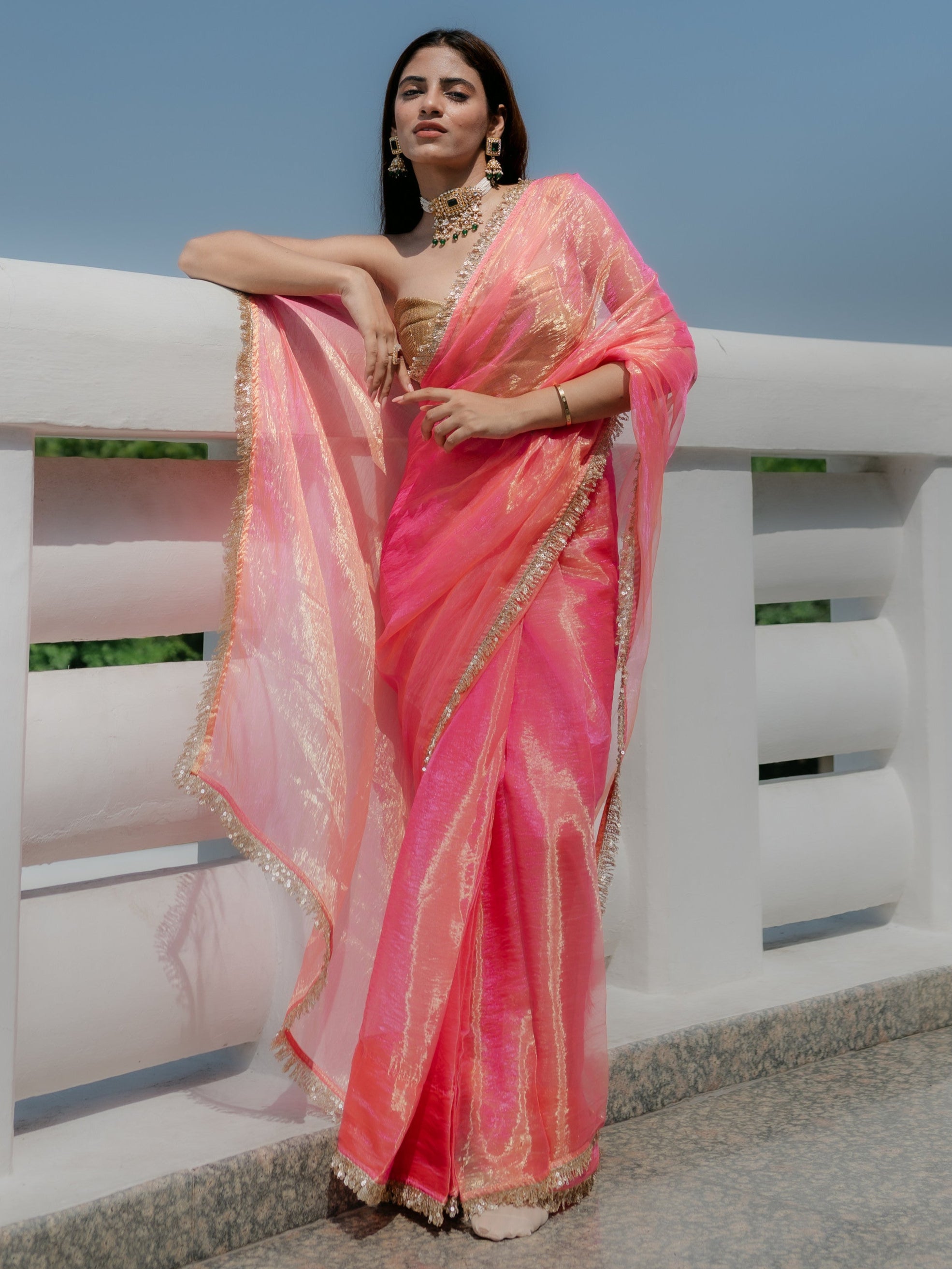 Pink Orange Metallic Organza Chiffon Saree with Sequin Lace and Self Blouse Fabric