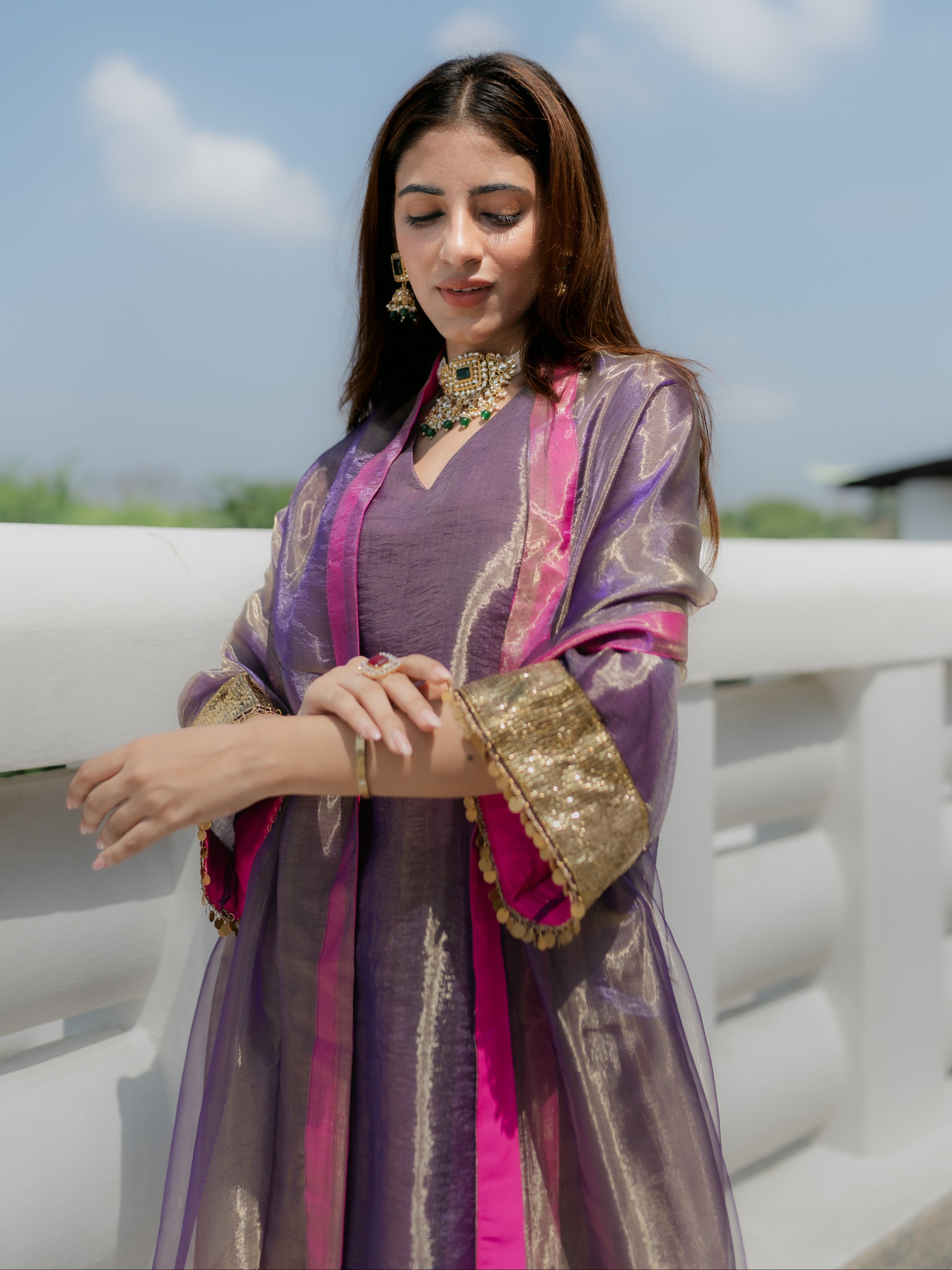 3-Piece Suit Set – Purple Organza Kurta with Zari Sleeves & Dupatta with Pink Piping