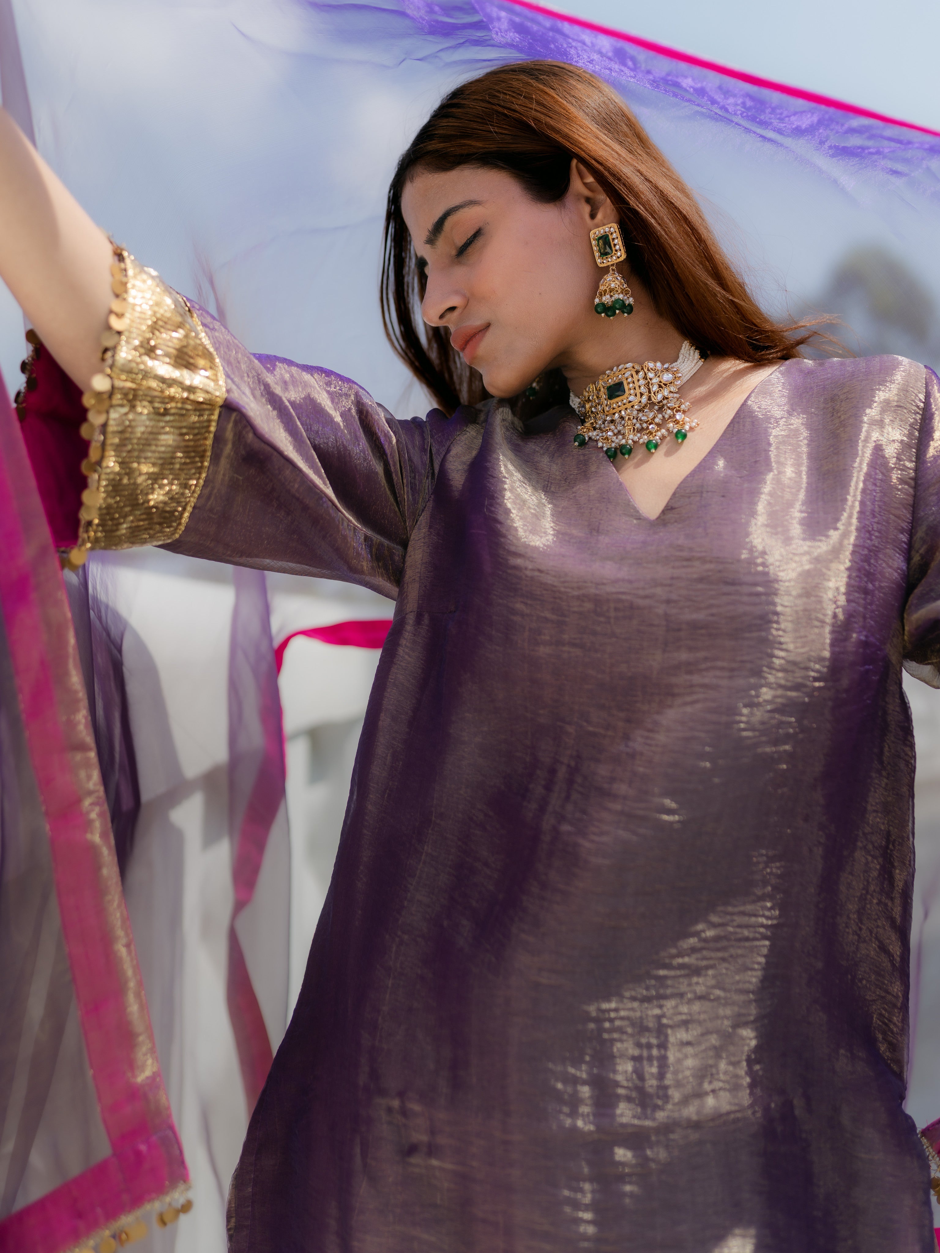 3-Piece Suit Set – Purple Organza Kurta with Zari Sleeves & Dupatta with Pink Piping