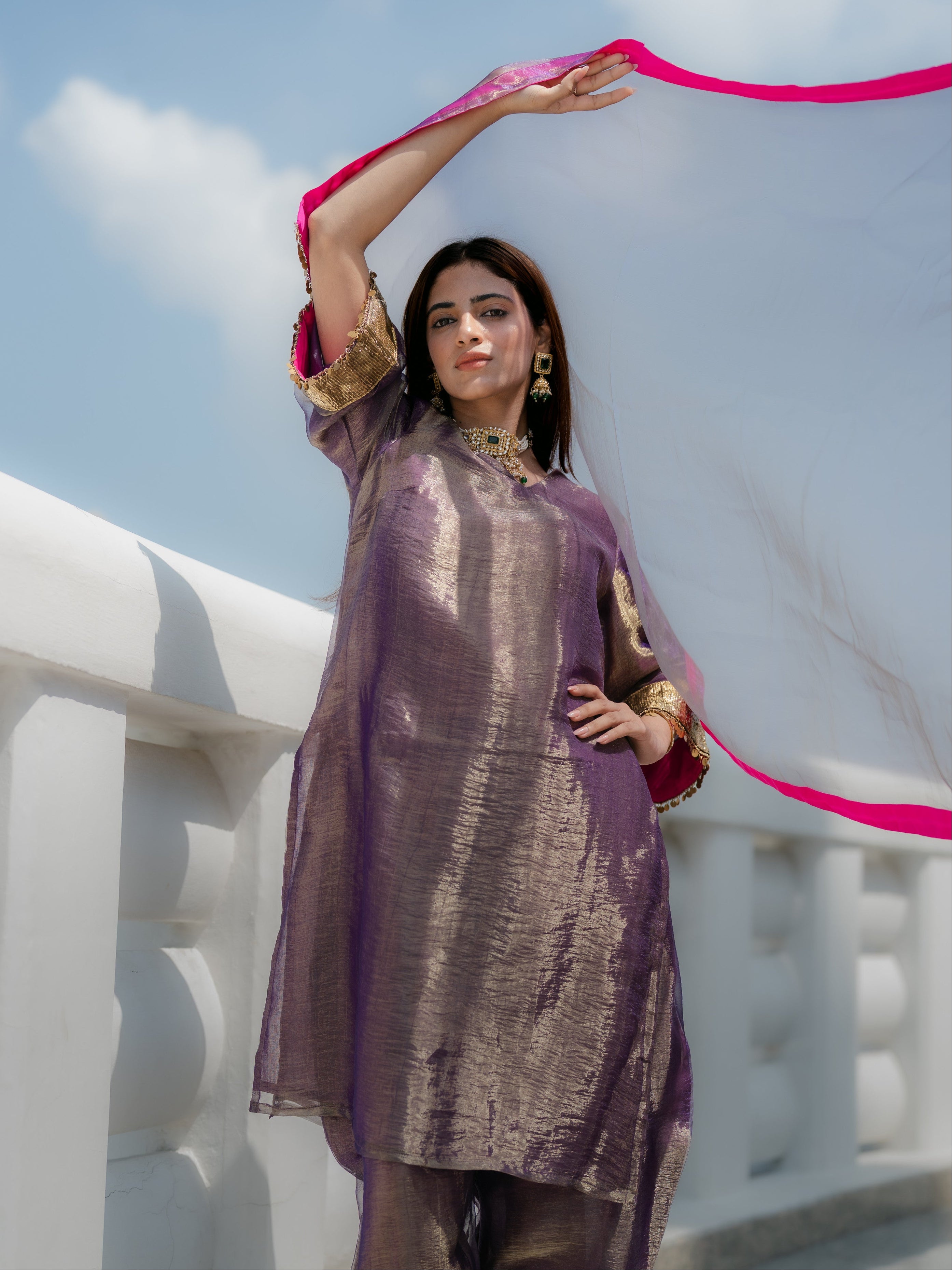 3-Piece Suit Set – Purple Organza Kurta with Zari Sleeves & Dupatta with Pink Piping