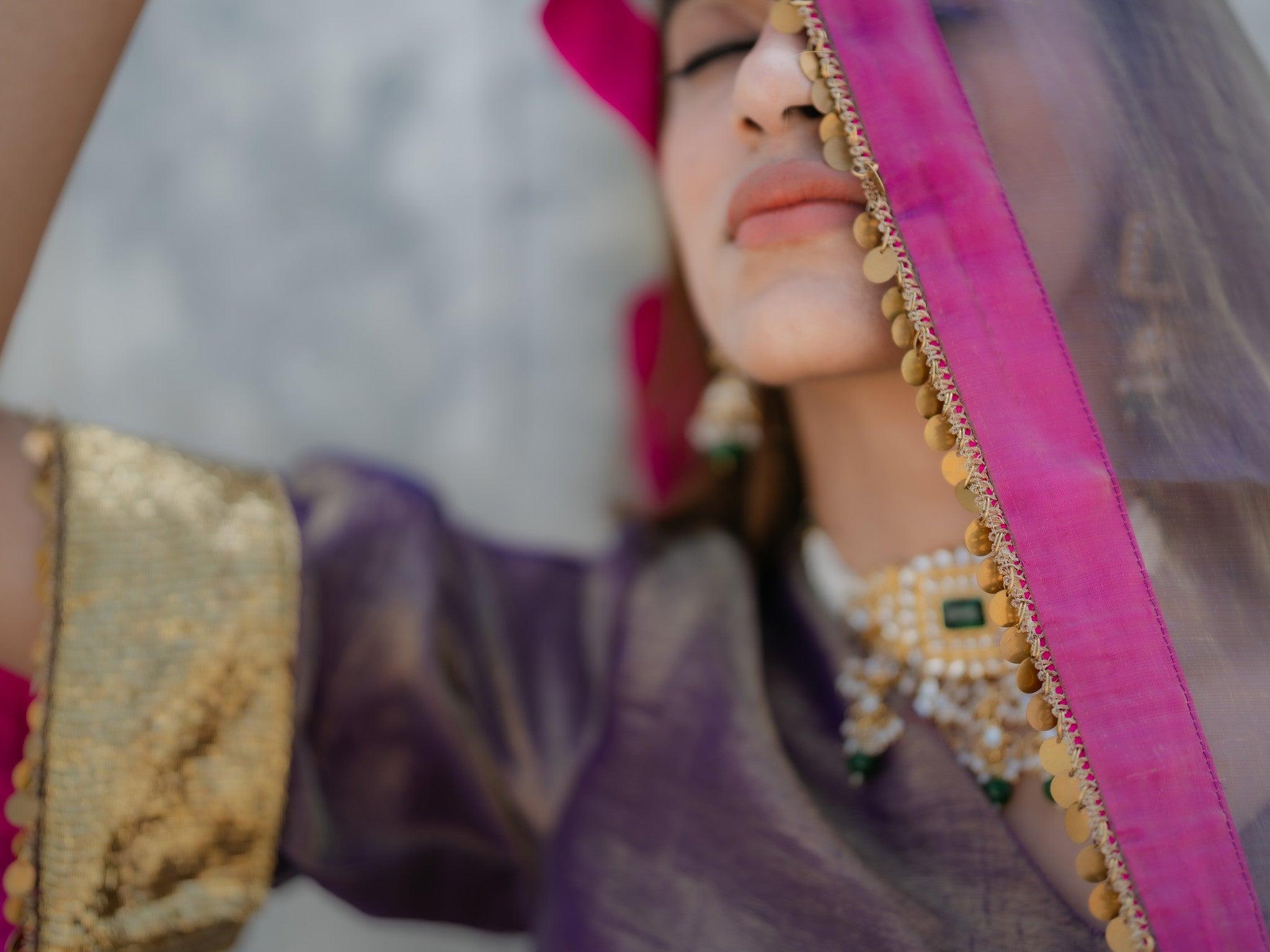 3-Piece Suit Set – Purple Organza Kurta with Zari Sleeves & Dupatta with Pink Piping