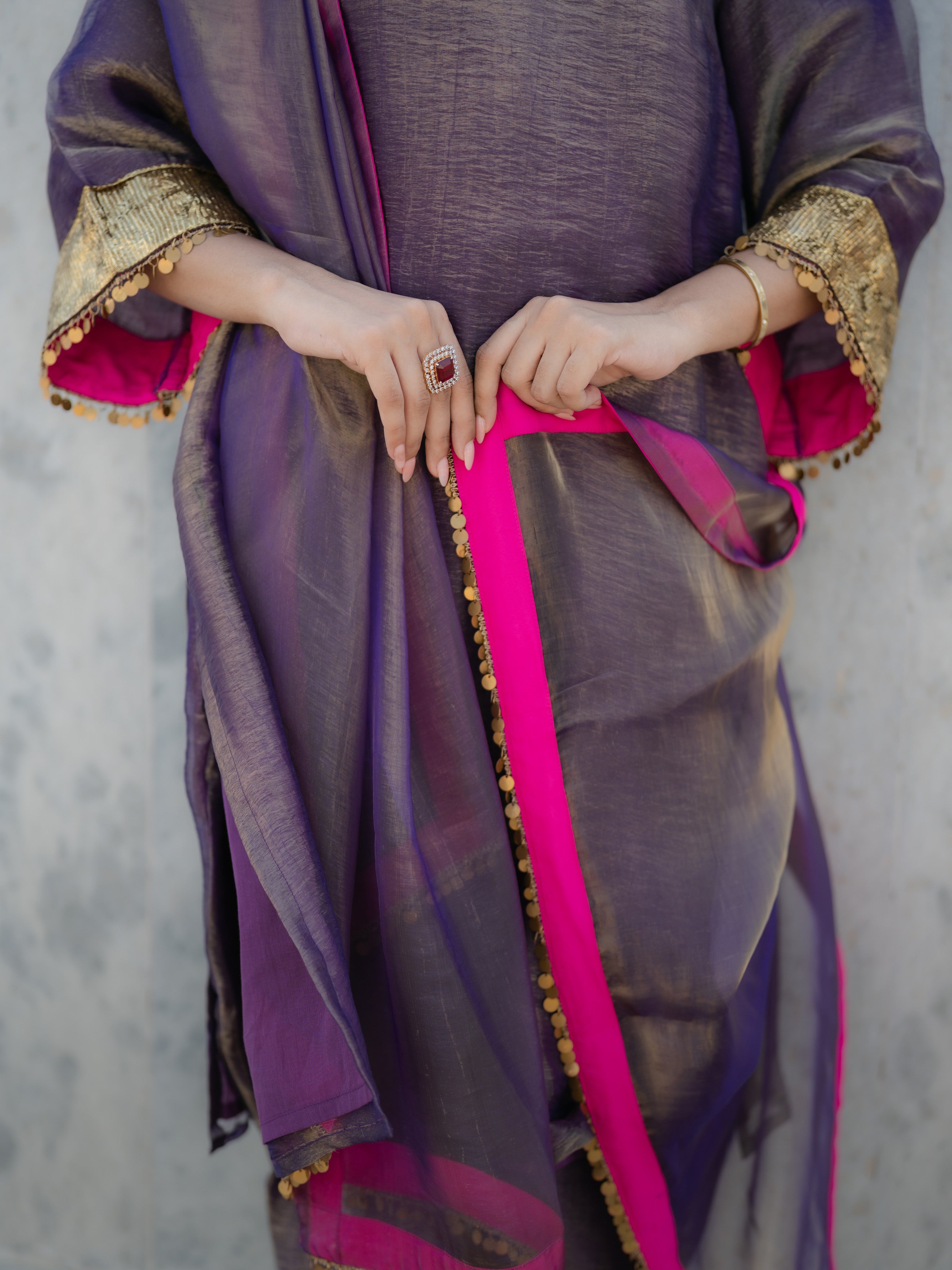 3-Piece Suit Set – Purple Organza Kurta with Zari Sleeves & Dupatta with Pink Piping