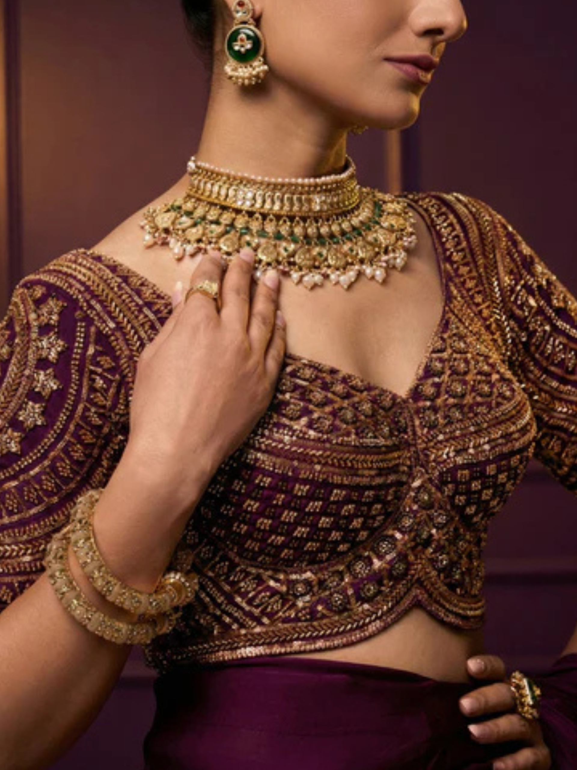 Purple Hand Embroidered Cut Dana Sabya Blouse – Free-Size Adjustable 32–40 inches | Couture Designer Blouse